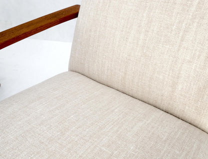 EstablishedLines Pair Restored New Oatmeal Upholstery Teak Mid-Century Modern Lounge Arm Chairs