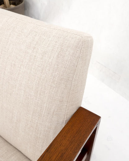 EstablishedLines Pair Restored New Oatmeal Upholstery Teak Mid-Century Modern Lounge Arm Chairs