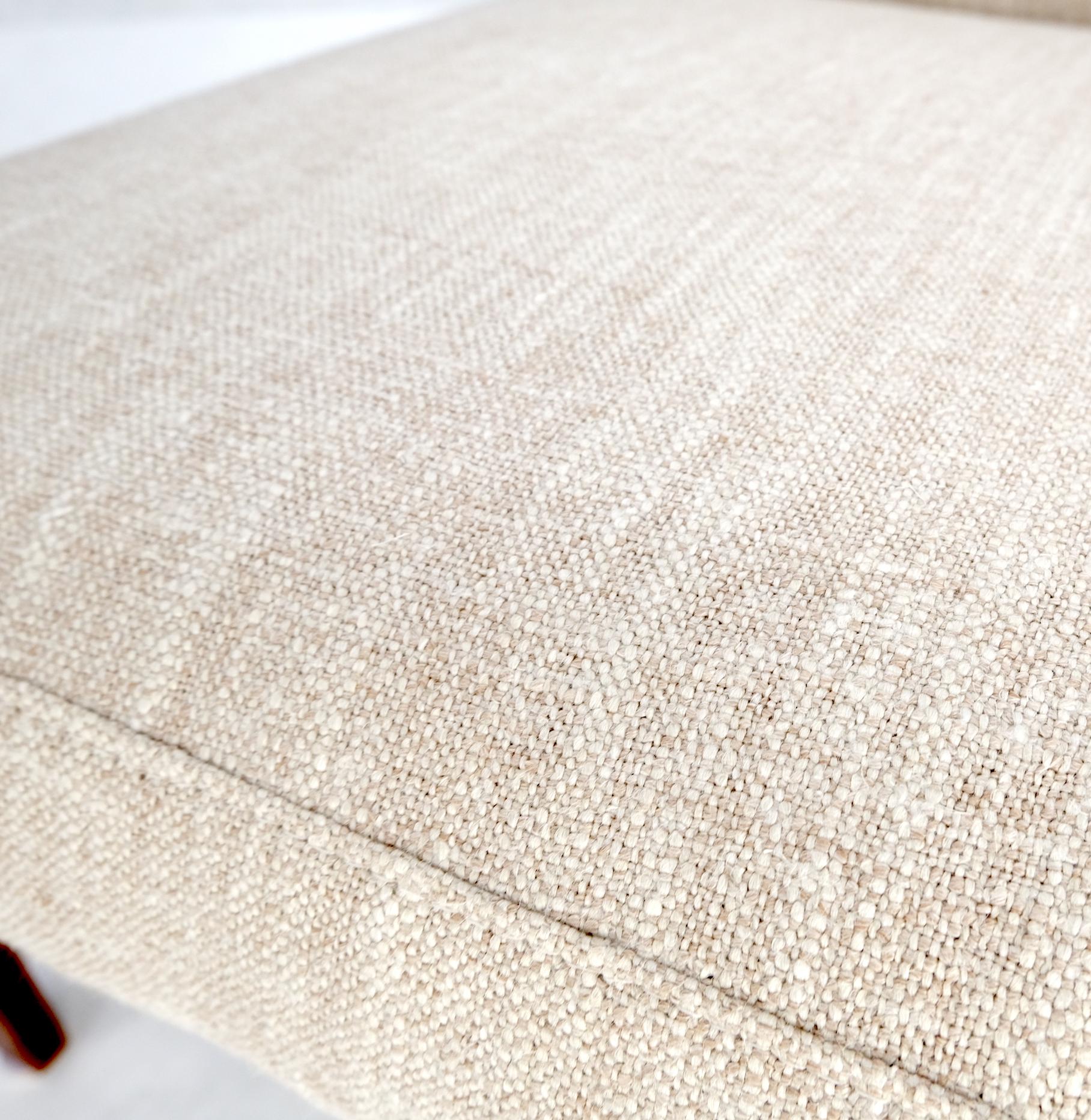 EstablishedLines Pair Restored New Oatmeal Upholstery Teak Mid-Century Modern Lounge Arm Chairs