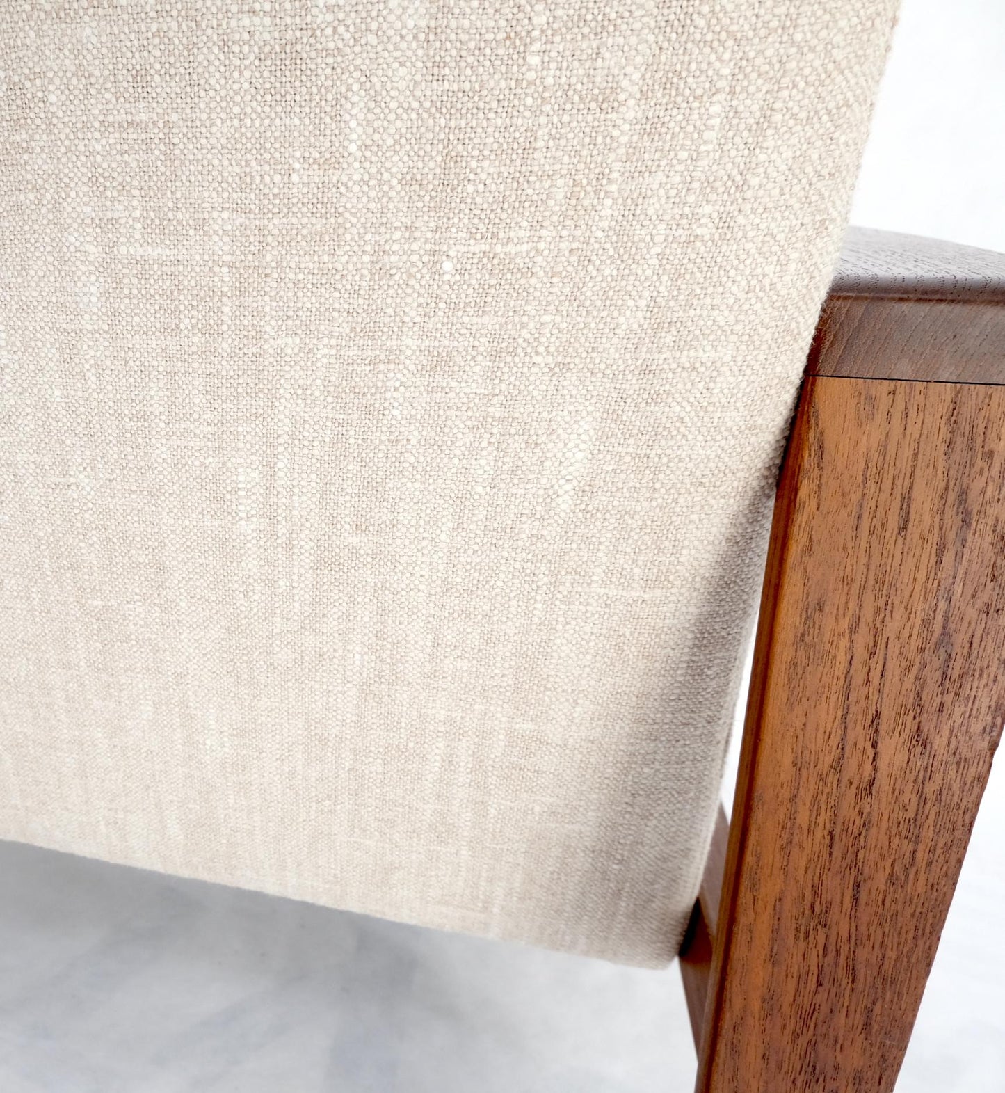 EstablishedLines Pair Restored New Oatmeal Upholstery Teak Mid-Century Modern Lounge Arm Chairs