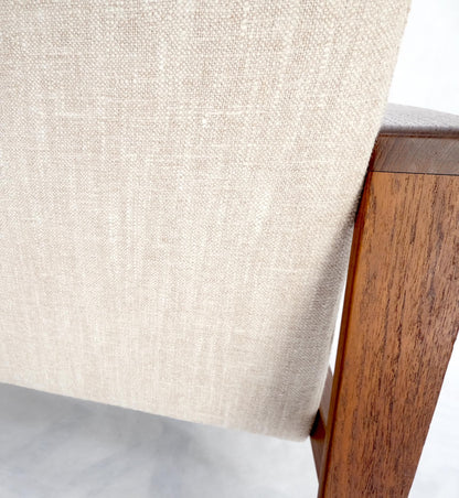 EstablishedLines Pair Restored New Oatmeal Upholstery Teak Mid-Century Modern Lounge Arm Chairs