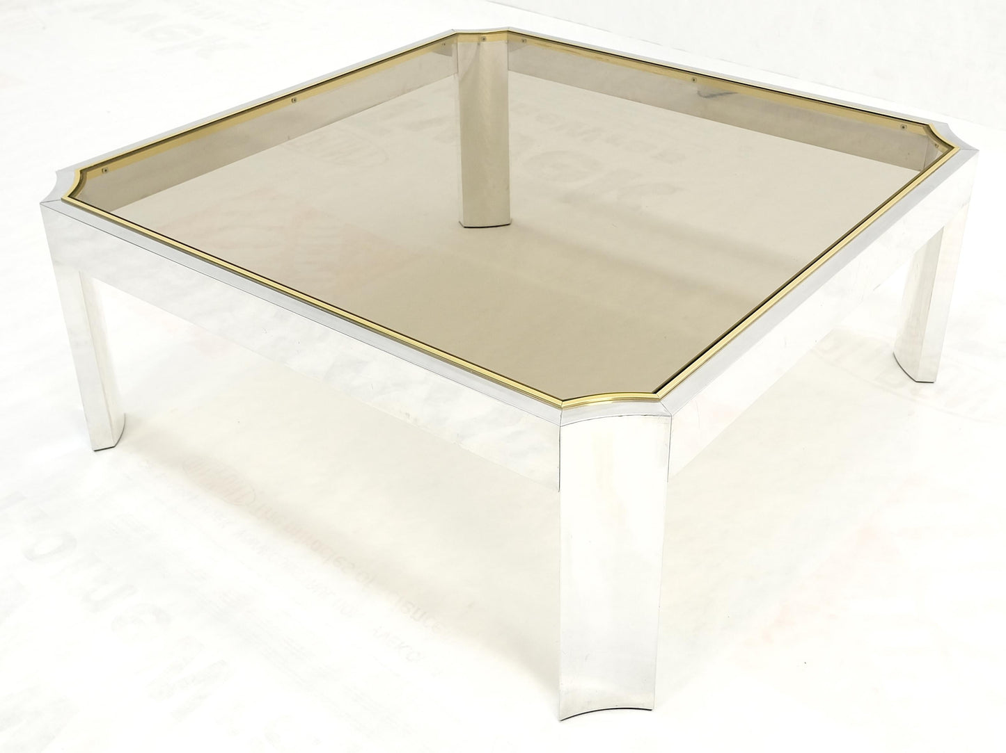 EstablishedLines Polished Aluminum Brass Basel Smoked Glass Top 37" Square Coffee Table MINT!