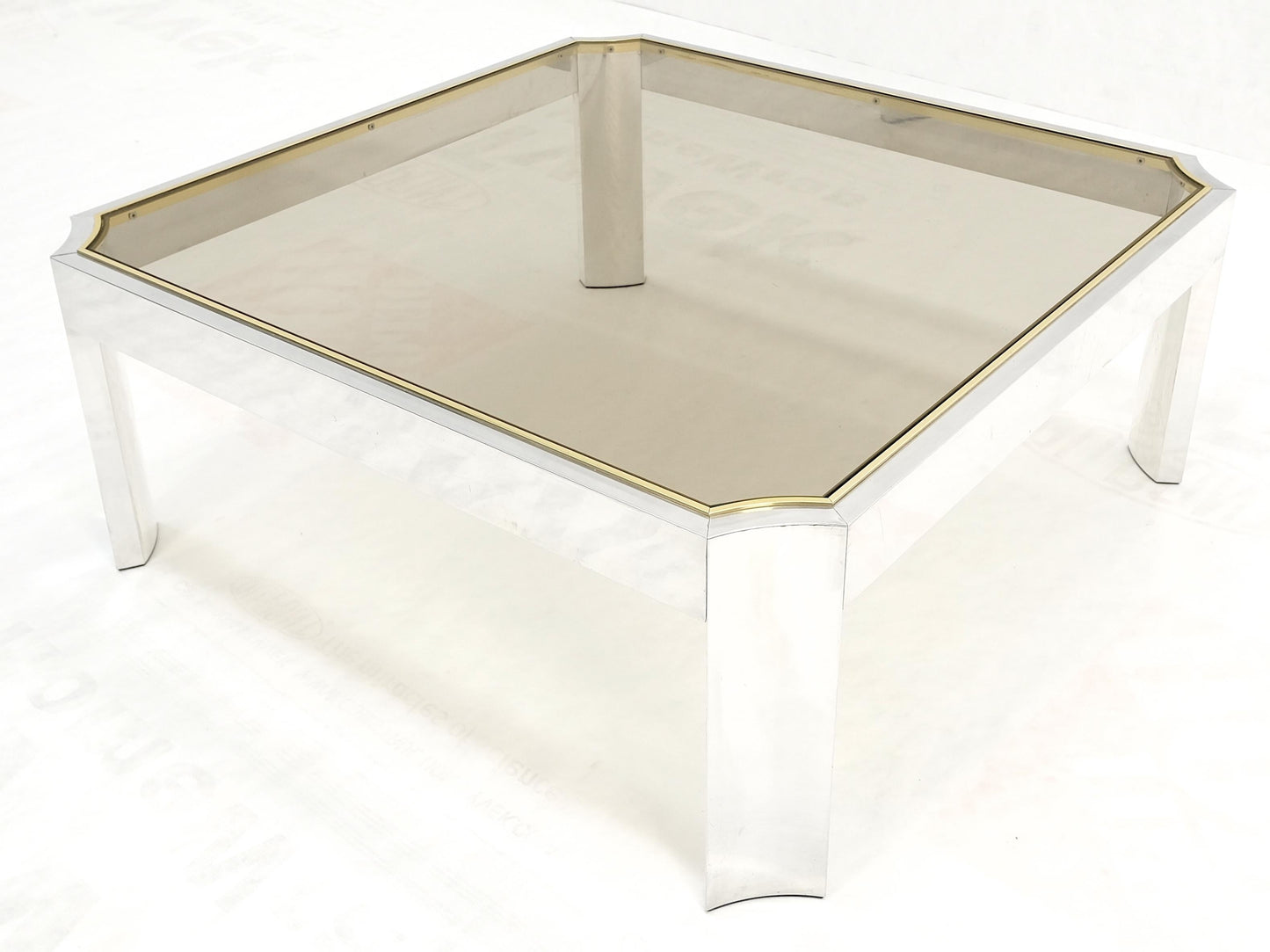 EstablishedLines Polished Aluminum Brass Basel Smoked Glass Top 37" Square Coffee Table MINT!