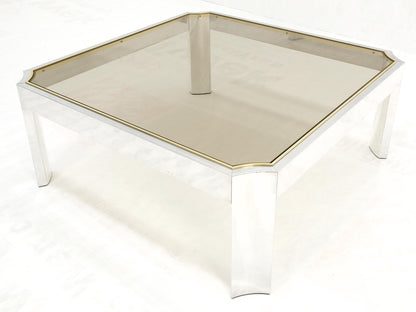 EstablishedLines Polished Aluminum Brass Basel Smoked Glass Top 37" Square Coffee Table MINT!
