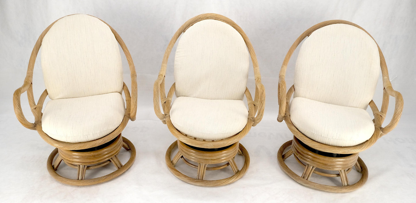 EstablishedLines Set of Three Rocking Twisted Rattan Reed Oval Back Arm Lounge Chairs c1970s MINT