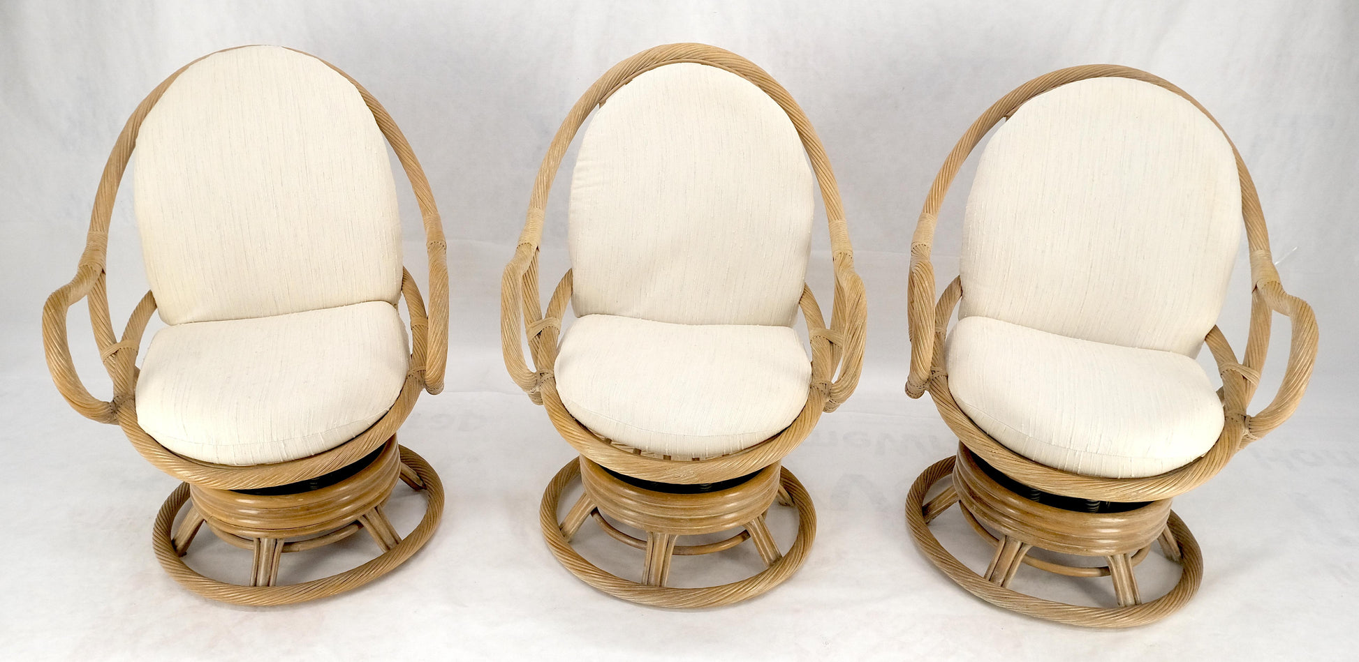 EstablishedLines Set of Three Rocking Twisted Rattan Reed Oval Back Arm Lounge Chairs c1970s MINT