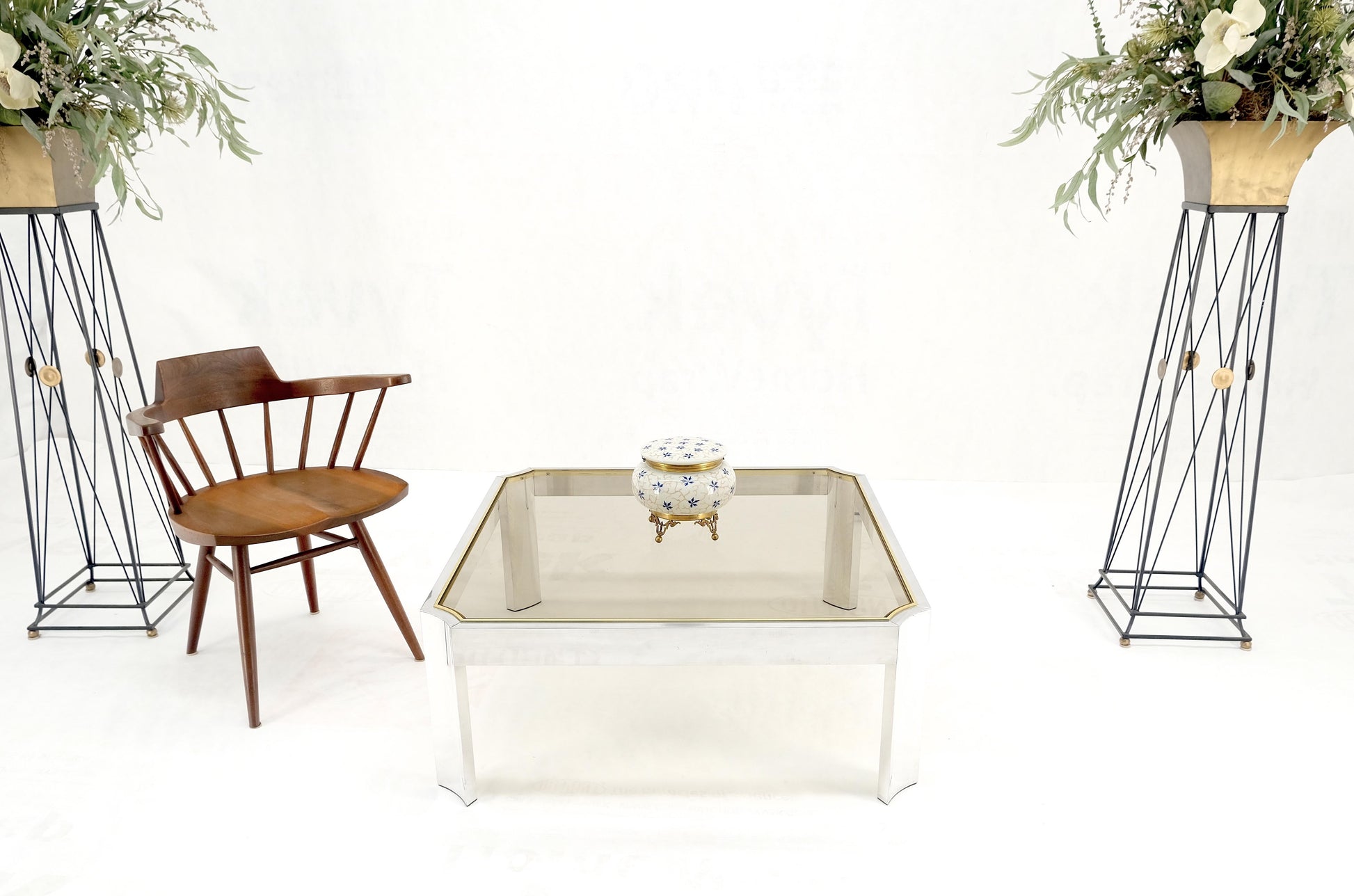 EstablishedLines Polished Aluminum Brass Basel Smoked Glass Top 37" Square Coffee Table MINT!