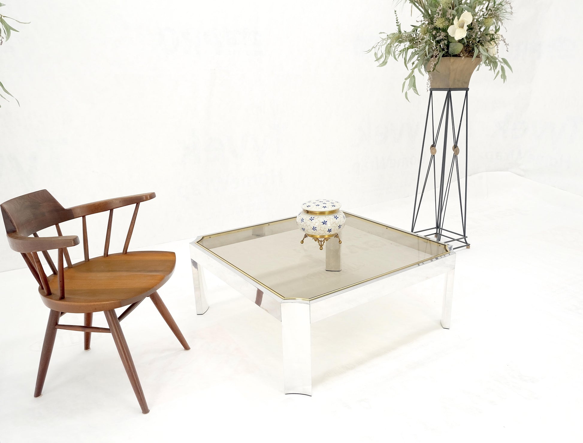 EstablishedLines Polished Aluminum Brass Basel Smoked Glass Top 37" Square Coffee Table MINT!