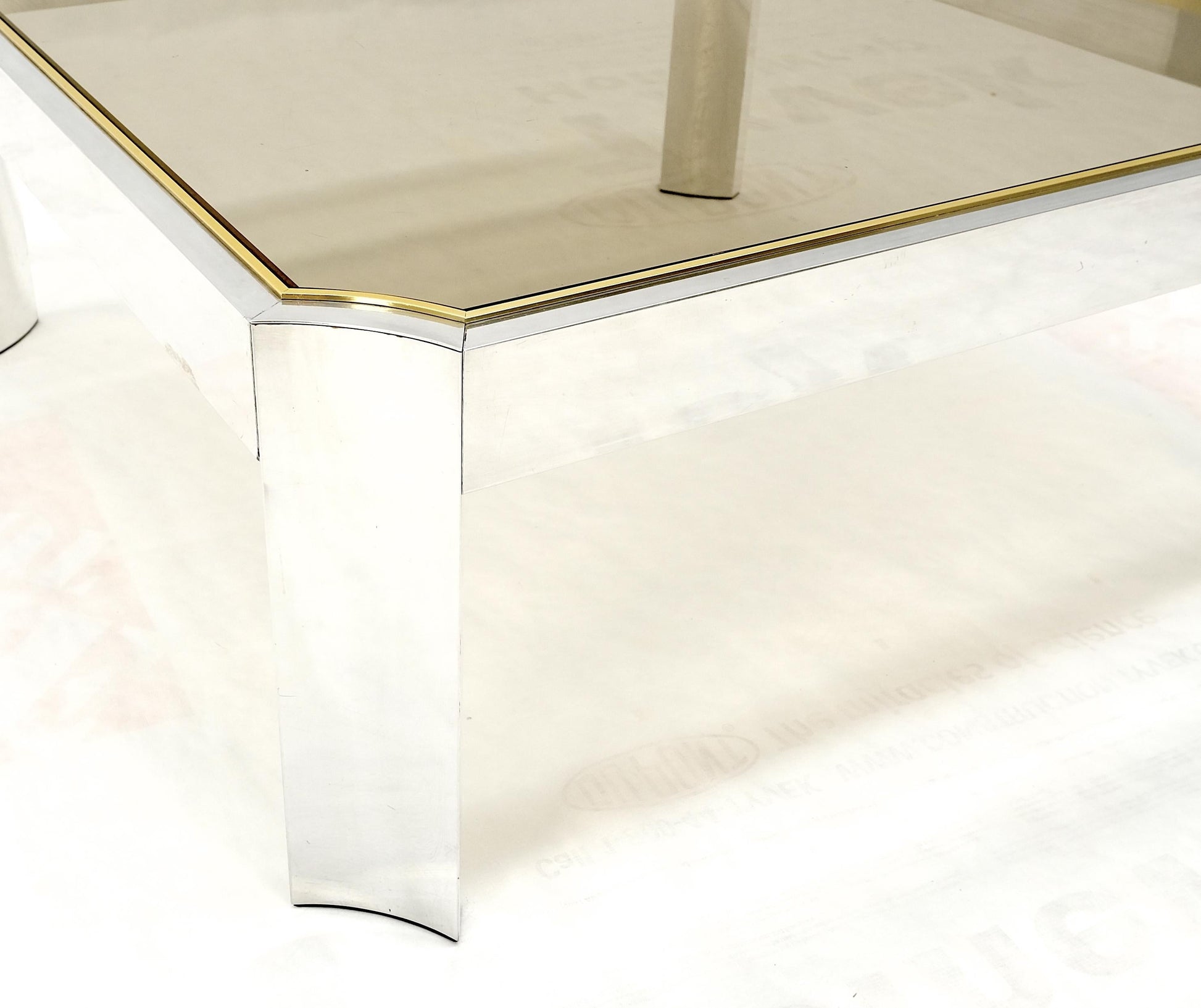 EstablishedLines Polished Aluminum Brass Basel Smoked Glass Top 37" Square Coffee Table MINT!