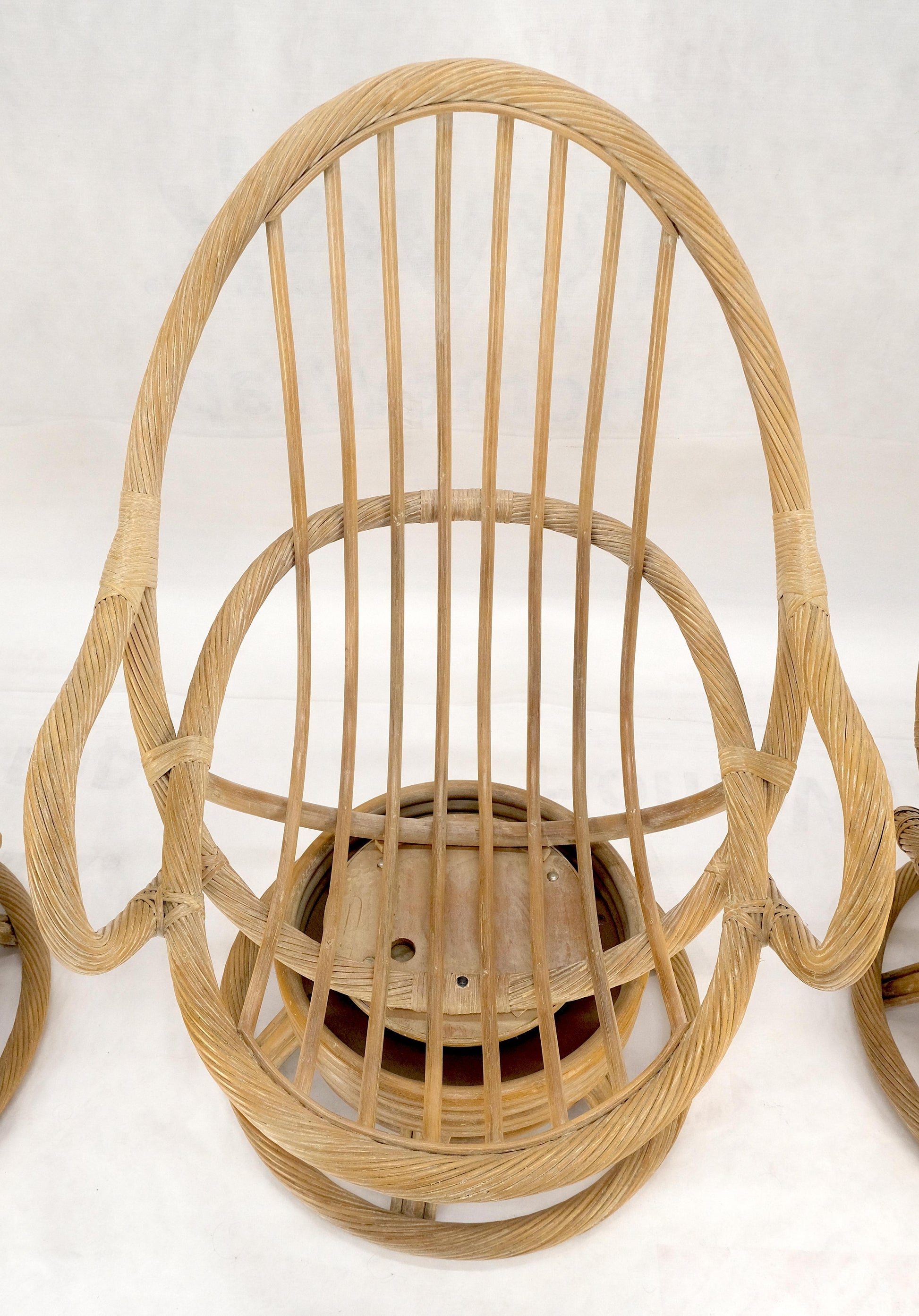 EstablishedLines Set of Three Rocking Twisted Rattan Reed Oval Back Arm Lounge Chairs c1970s MINT