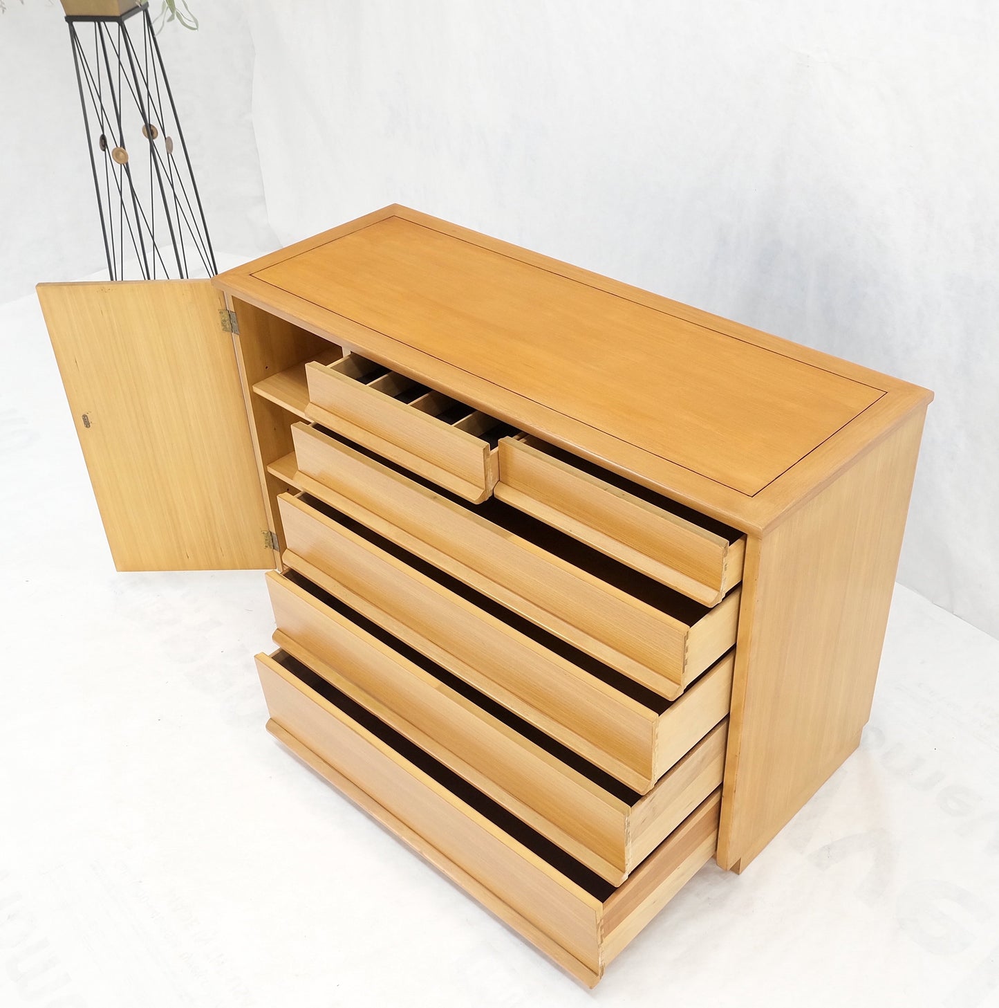 Mid-Century Modern Blond Birch 6 Drawers One Door Compartment Dresser Credenza