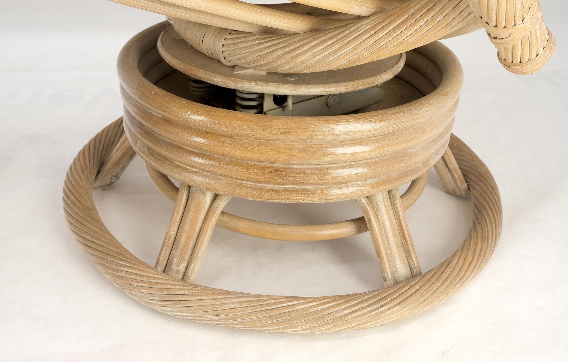 EstablishedLines Set of Three Rocking Twisted Rattan Reed Oval Back Arm Lounge Chairs c1970s MINT