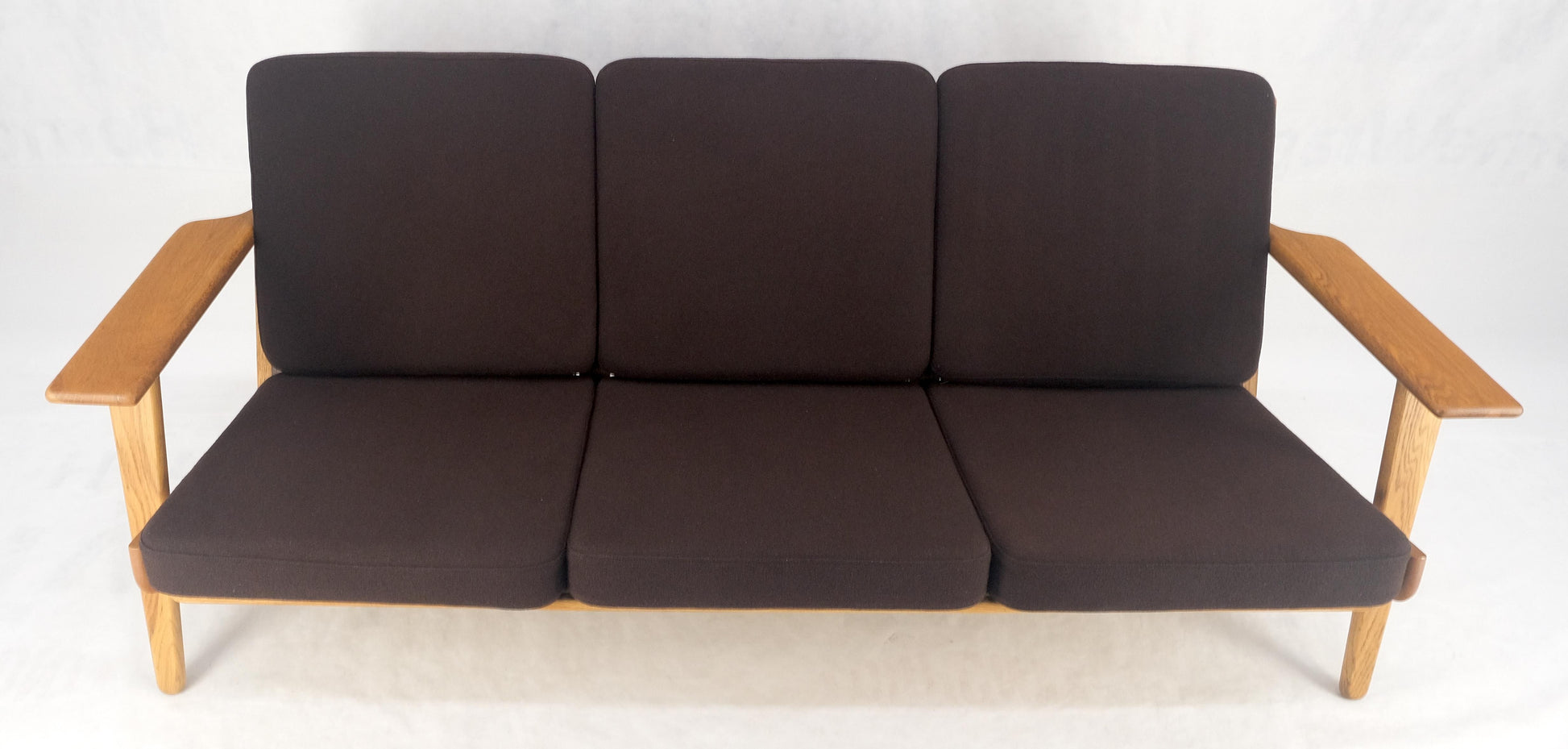 EstablishedLines Solid Oak Frame Brown Upholstery MCM Style 3 Seat Sofa Clean!