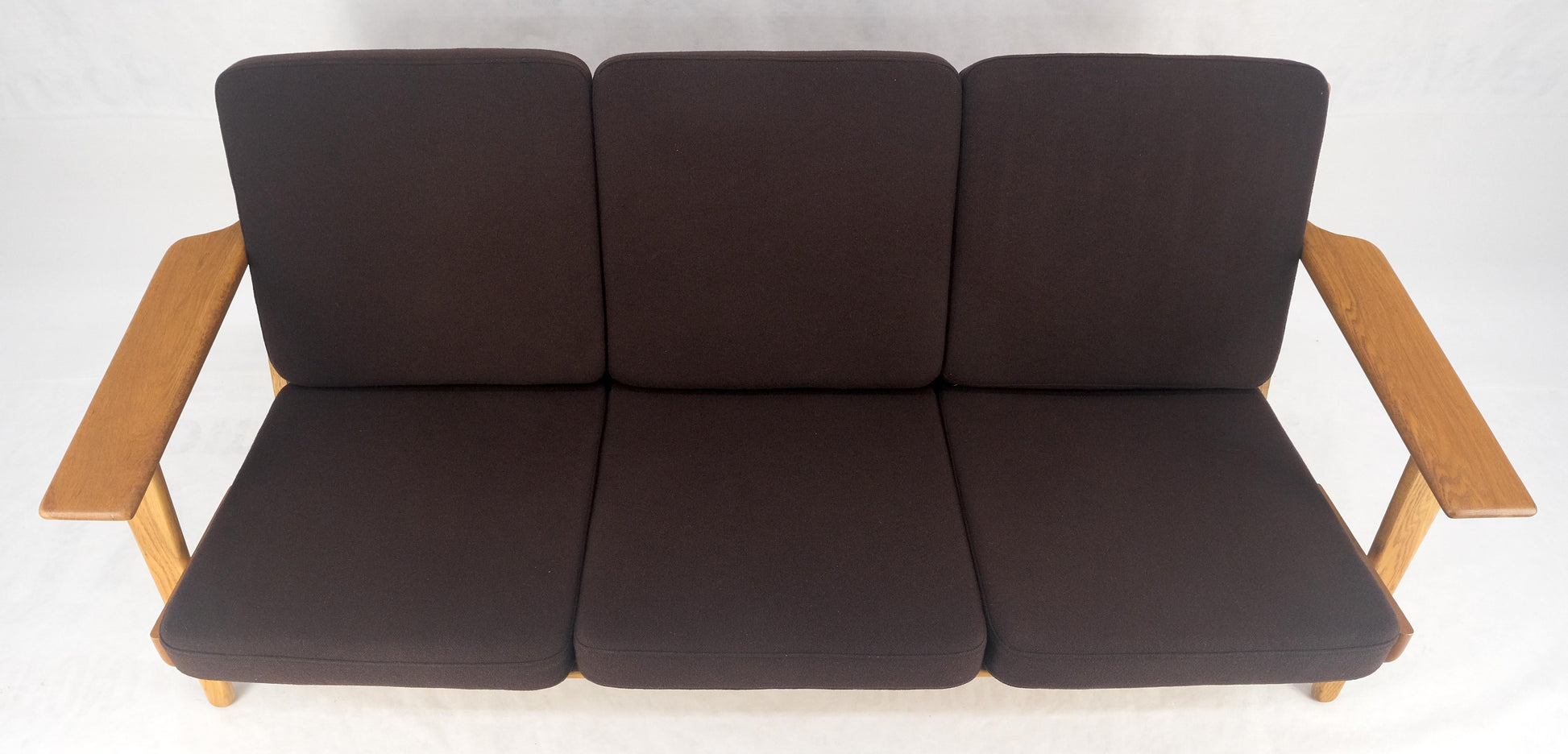 EstablishedLines Solid Oak Frame Brown Upholstery MCM Style 3 Seat Sofa Clean!