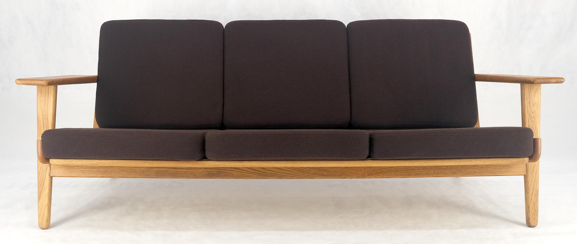EstablishedLines Solid Oak Frame Brown Upholstery MCM Style 3 Seat Sofa Clean!