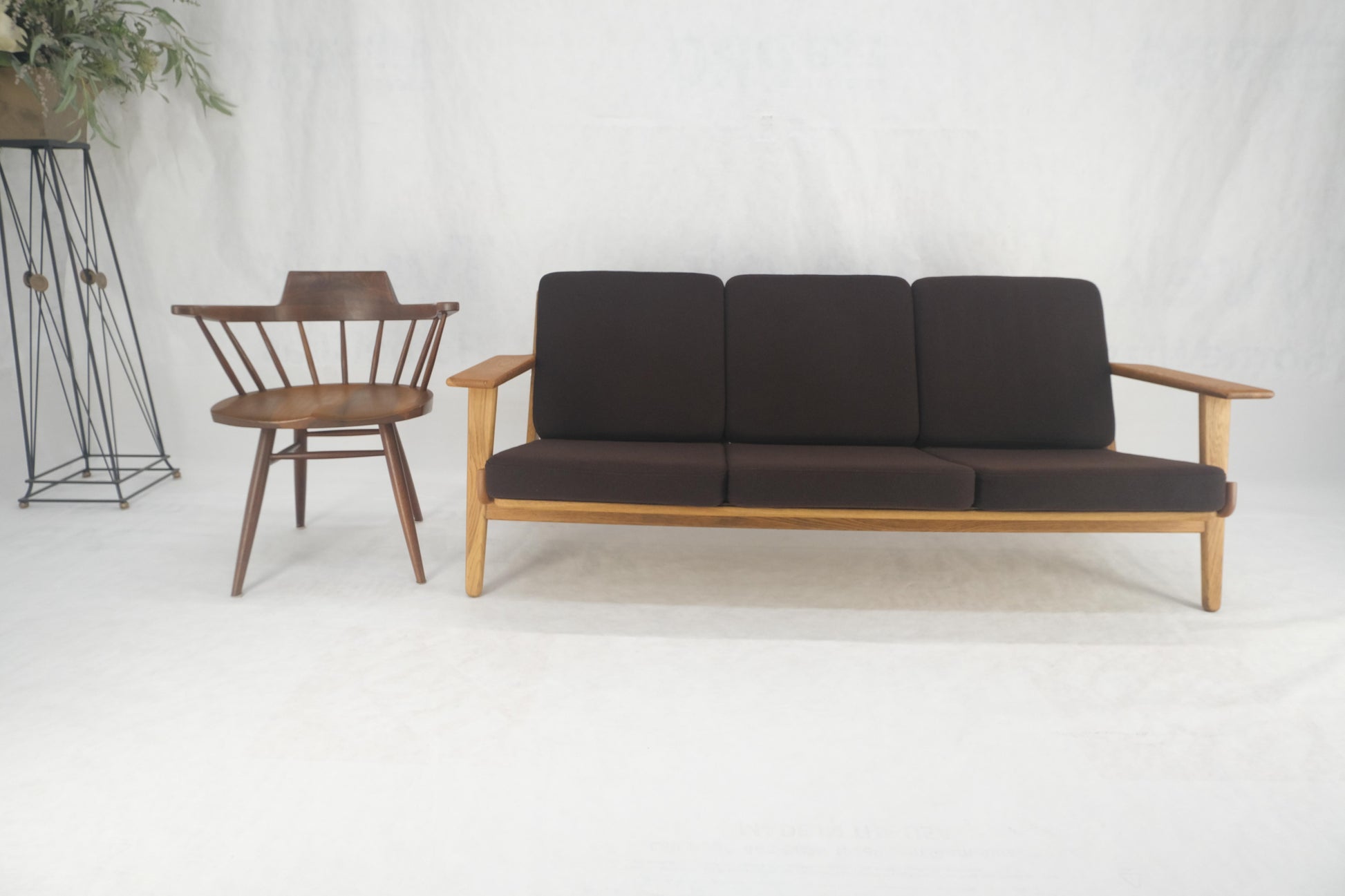 EstablishedLines Solid Oak Frame Brown Upholstery MCM Style 3 Seat Sofa Clean!