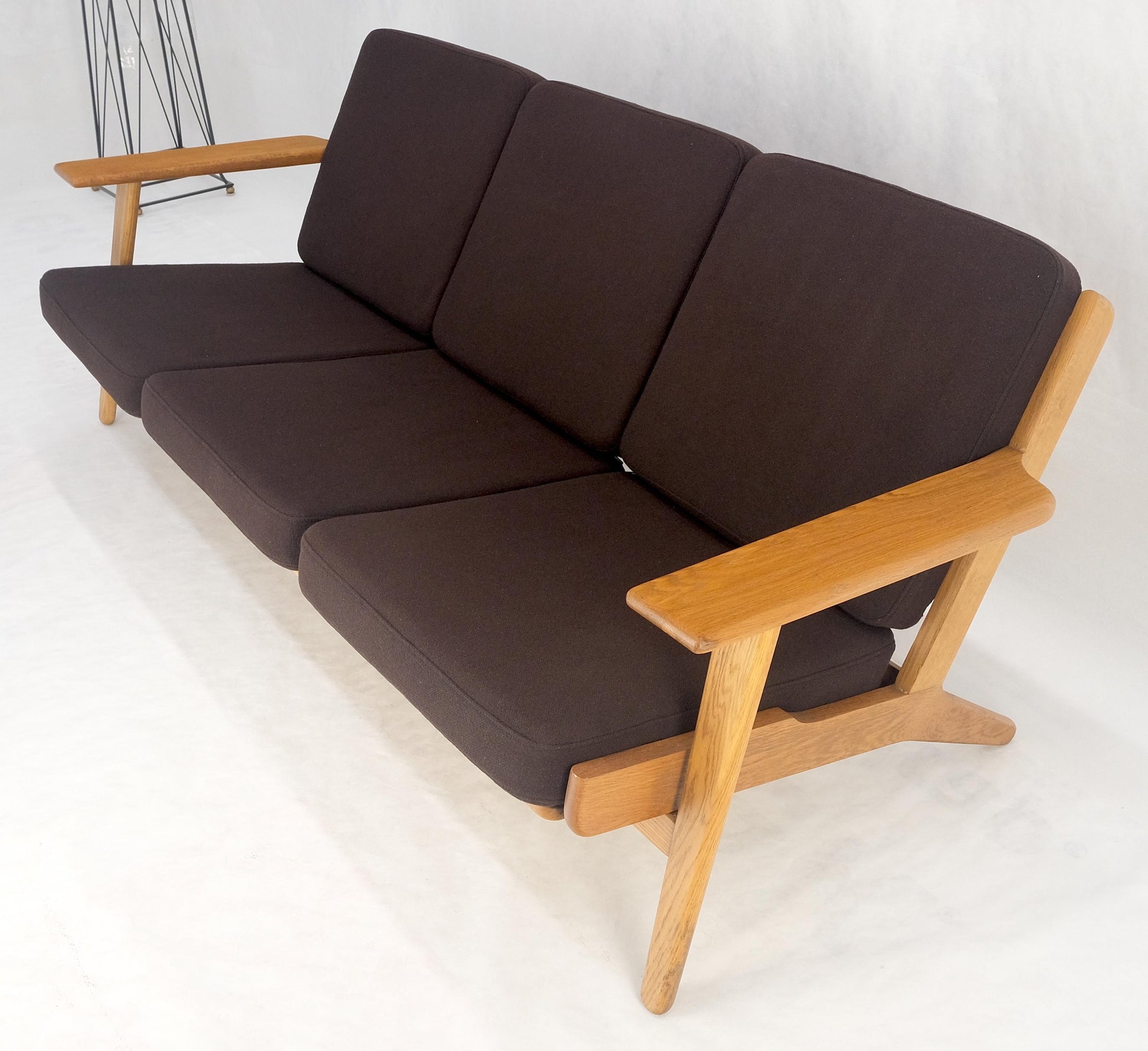 EstablishedLines Solid Oak Frame Brown Upholstery MCM Style 3 Seat Sofa Clean!