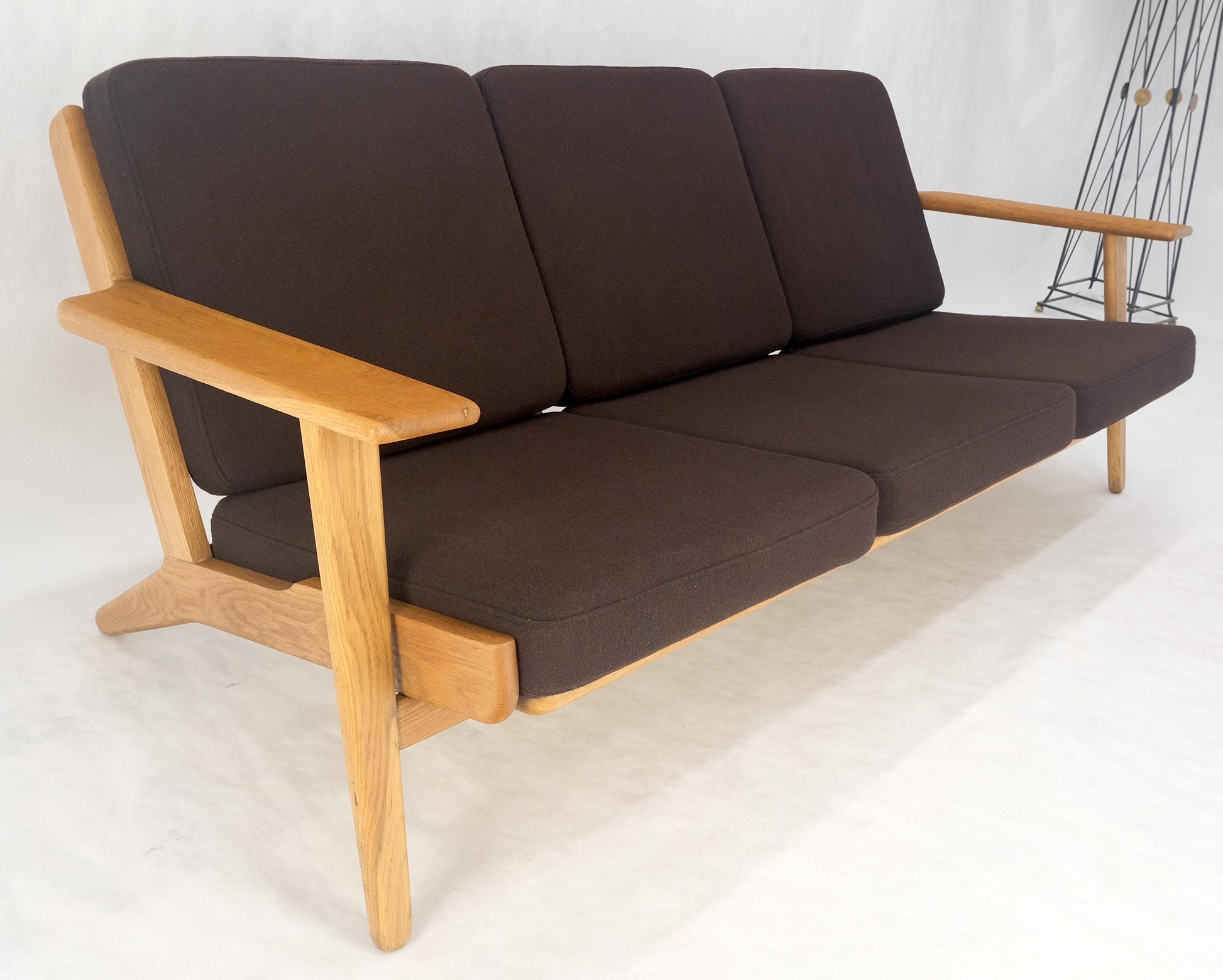 EstablishedLines Solid Oak Frame Brown Upholstery MCM Style 3 Seat Sofa Clean!