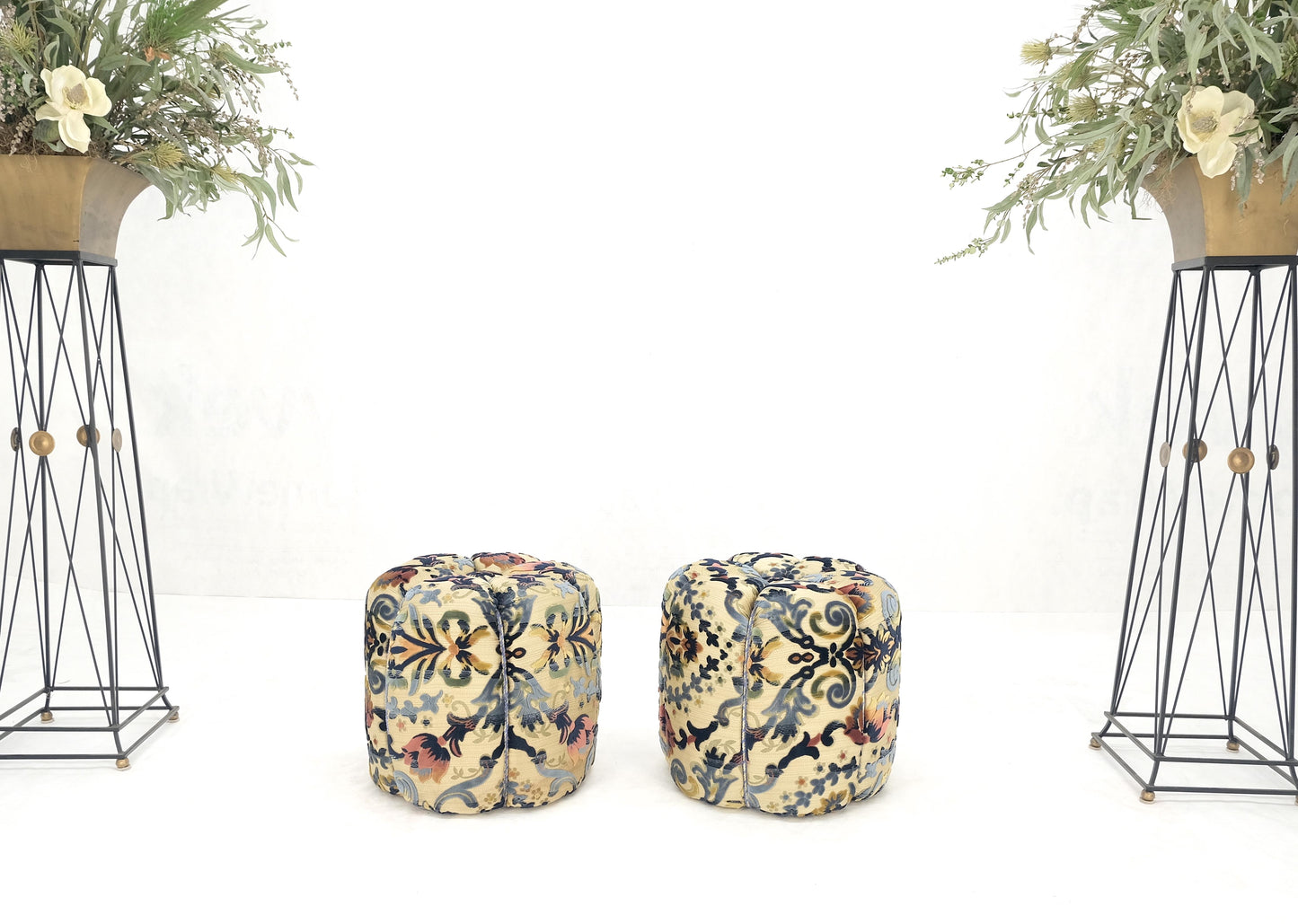 EstablishedLines Pair of Floral Upholstery Custom Studio Made Ottomans Poufs Benches Stool MINT!