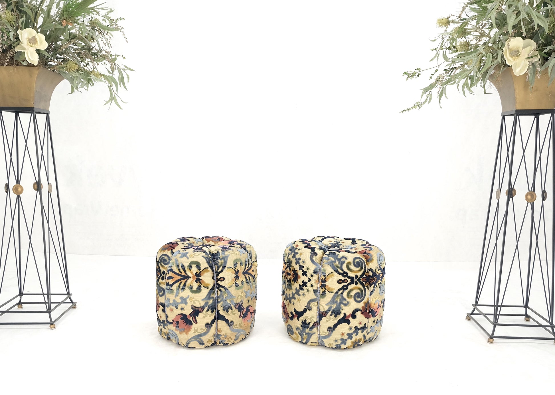 EstablishedLines Pair of Floral Upholstery Custom Studio Made Ottomans Poufs Benches Stool MINT!