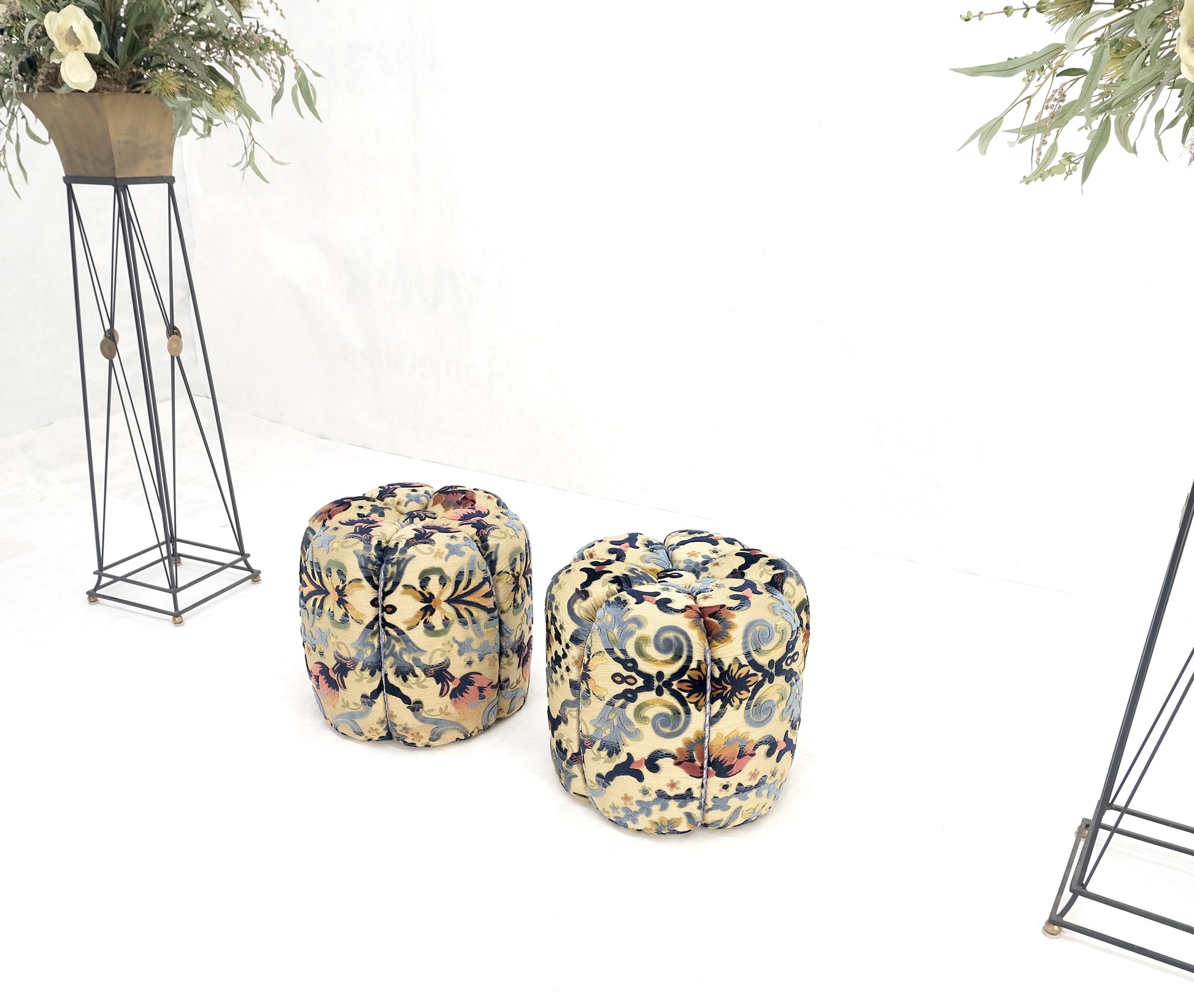 EstablishedLines Pair of Floral Upholstery Custom Studio Made Ottomans Poufs Benches Stool MINT!
