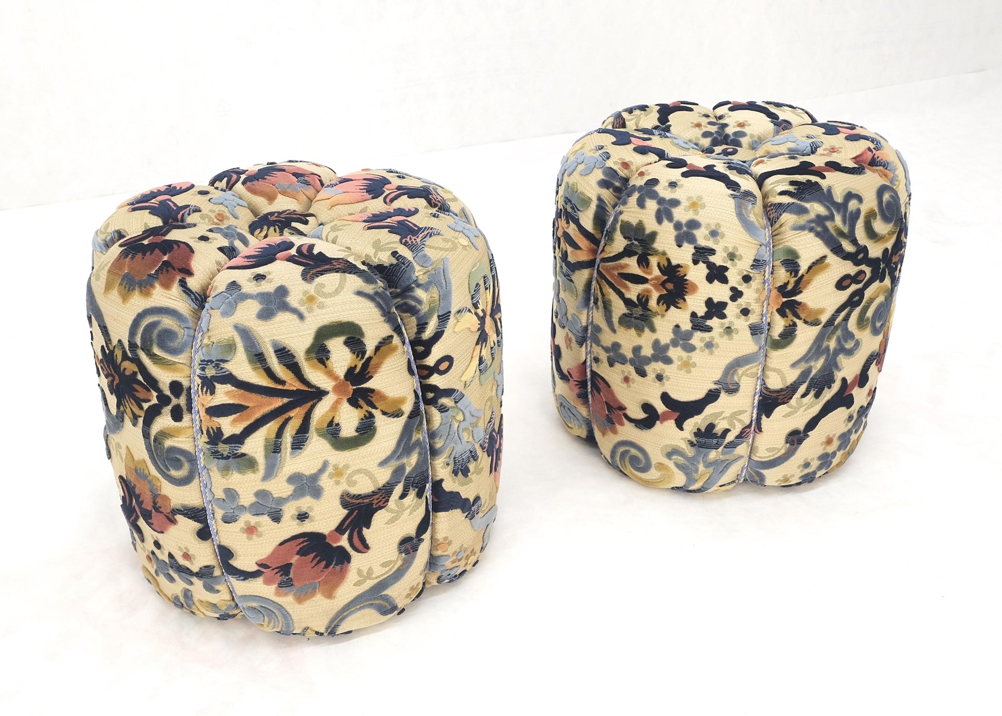 EstablishedLines Pair of Floral Upholstery Custom Studio Made Ottomans Poufs Benches Stool MINT!
