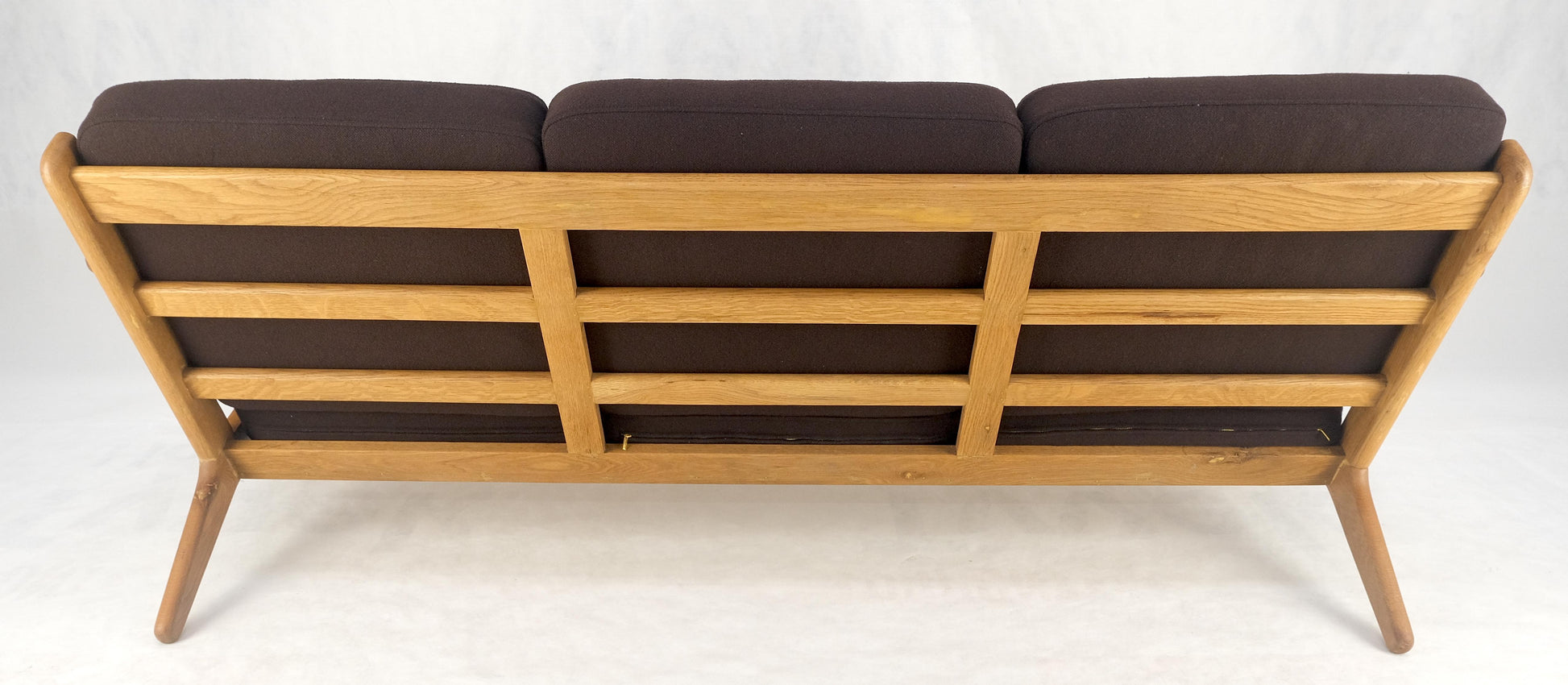 EstablishedLines Solid Oak Frame Brown Upholstery MCM Style 3 Seat Sofa Clean!