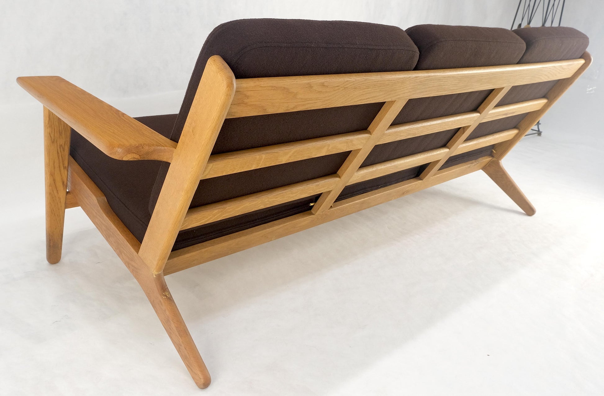 EstablishedLines Solid Oak Frame Brown Upholstery MCM Style 3 Seat Sofa Clean!