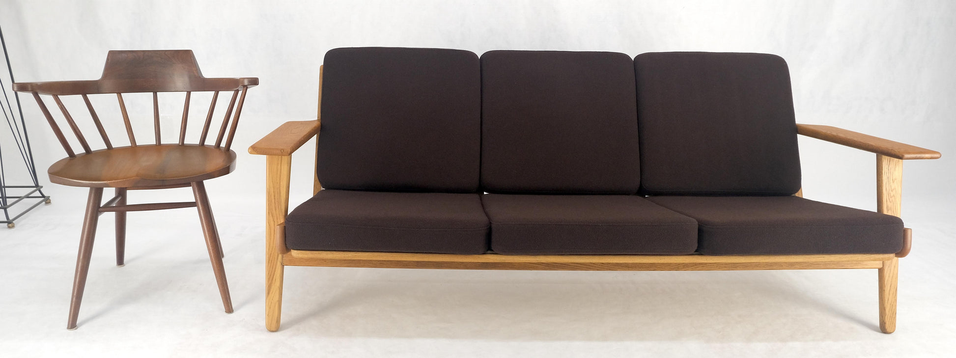 EstablishedLines Solid Oak Frame Brown Upholstery MCM Style 3 Seat Sofa Clean!