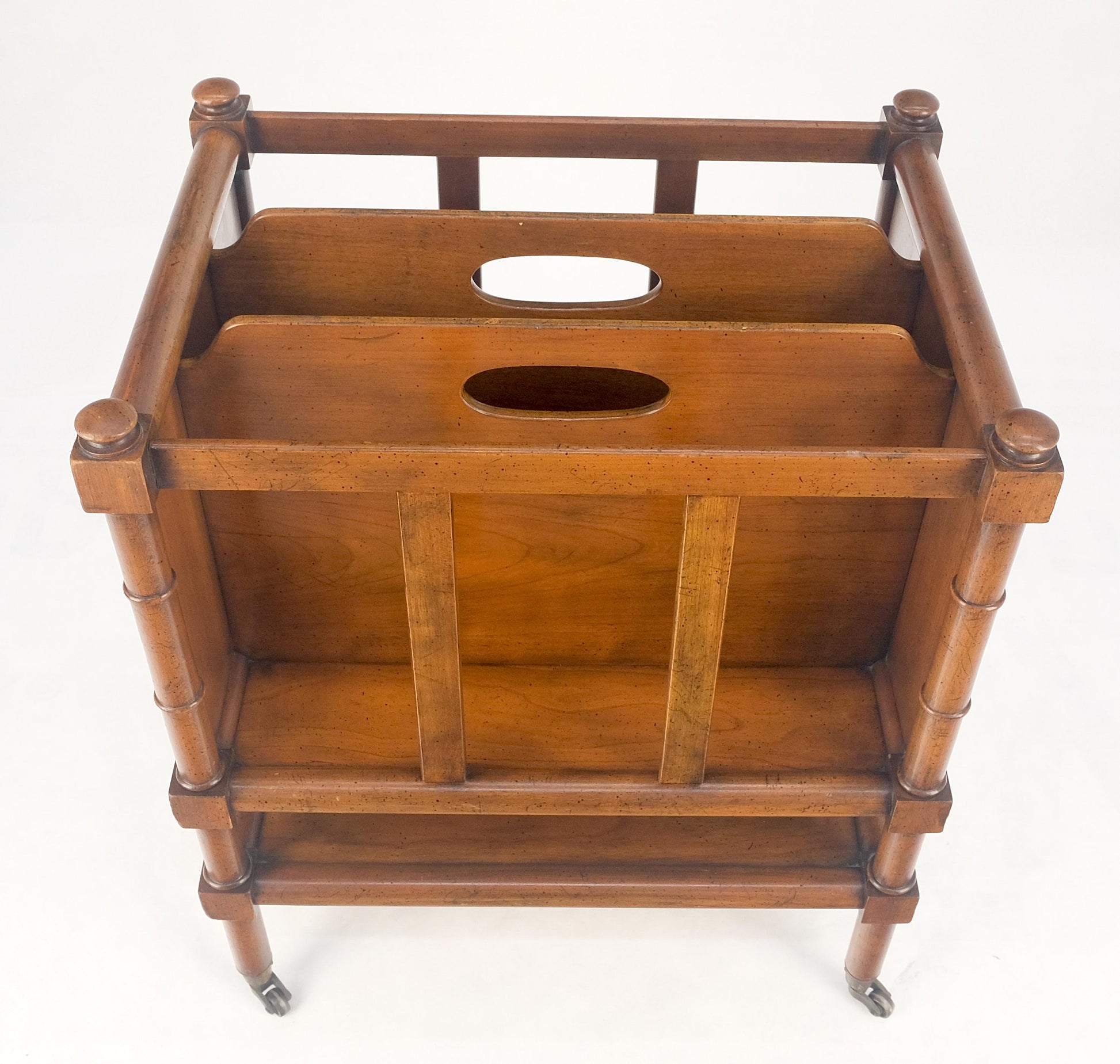 Faux Turned Wood Bamboo Canterbury Magazine Rack on Brass Casters Clean!