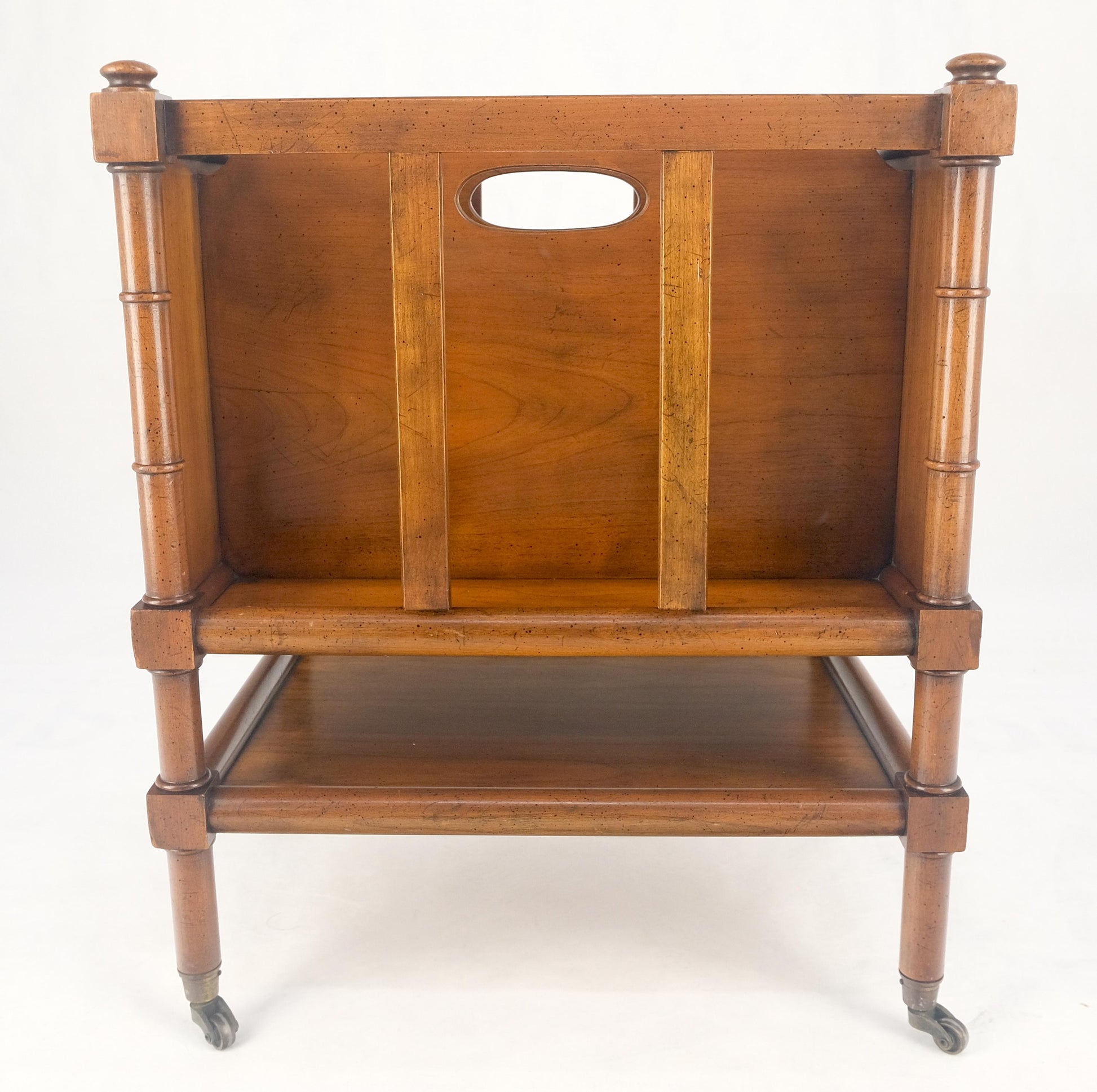 Faux Turned Wood Bamboo Canterbury Magazine Rack on Brass Casters Clean!