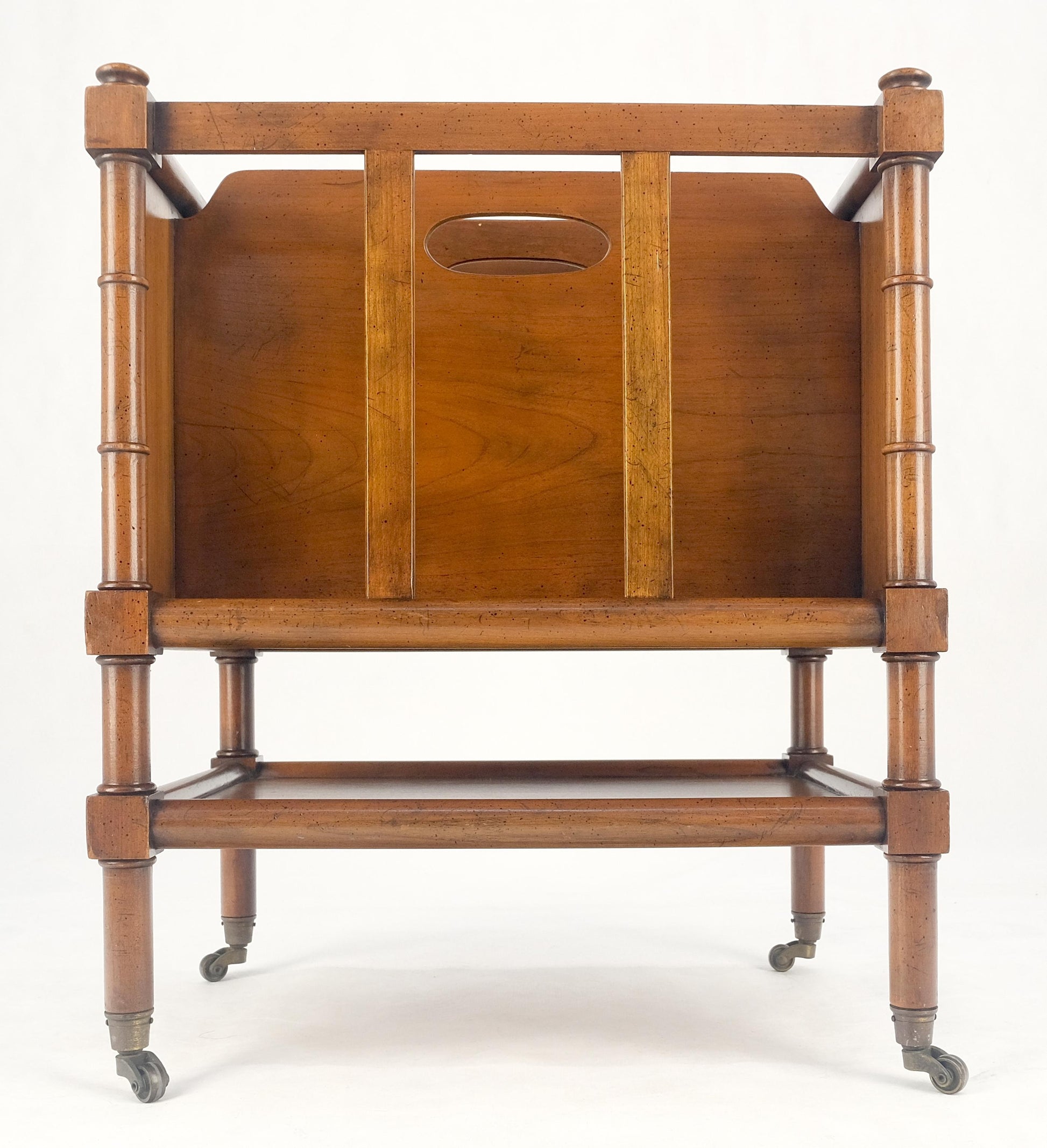 Faux Turned Wood Bamboo Canterbury Magazine Rack on Brass Casters Clean!