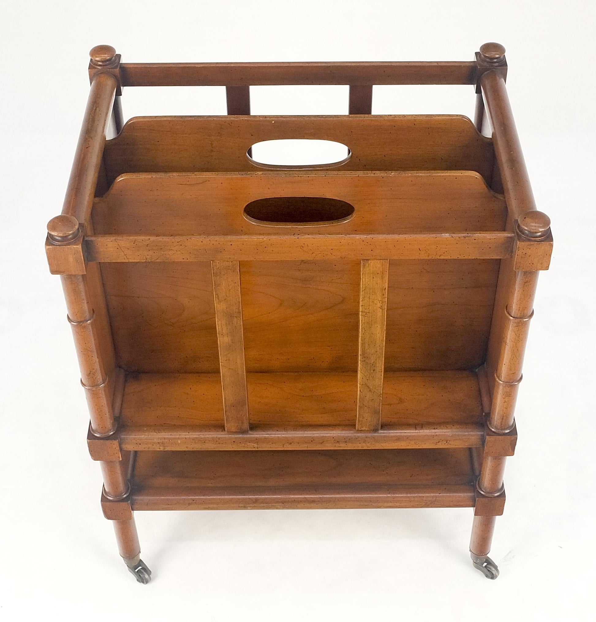 Faux Turned Wood Bamboo Canterbury Magazine Rack on Brass Casters Clean!