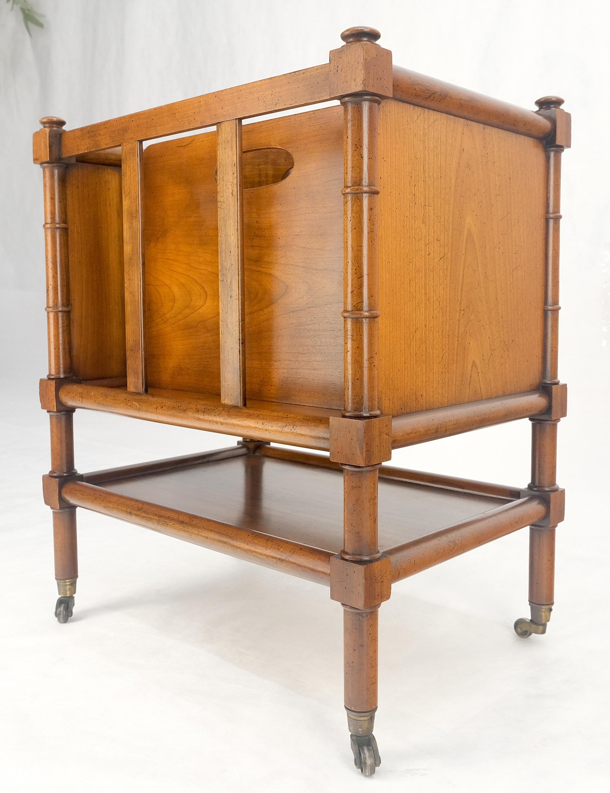 Faux Turned Wood Bamboo Canterbury Magazine Rack on Brass Casters Clean!