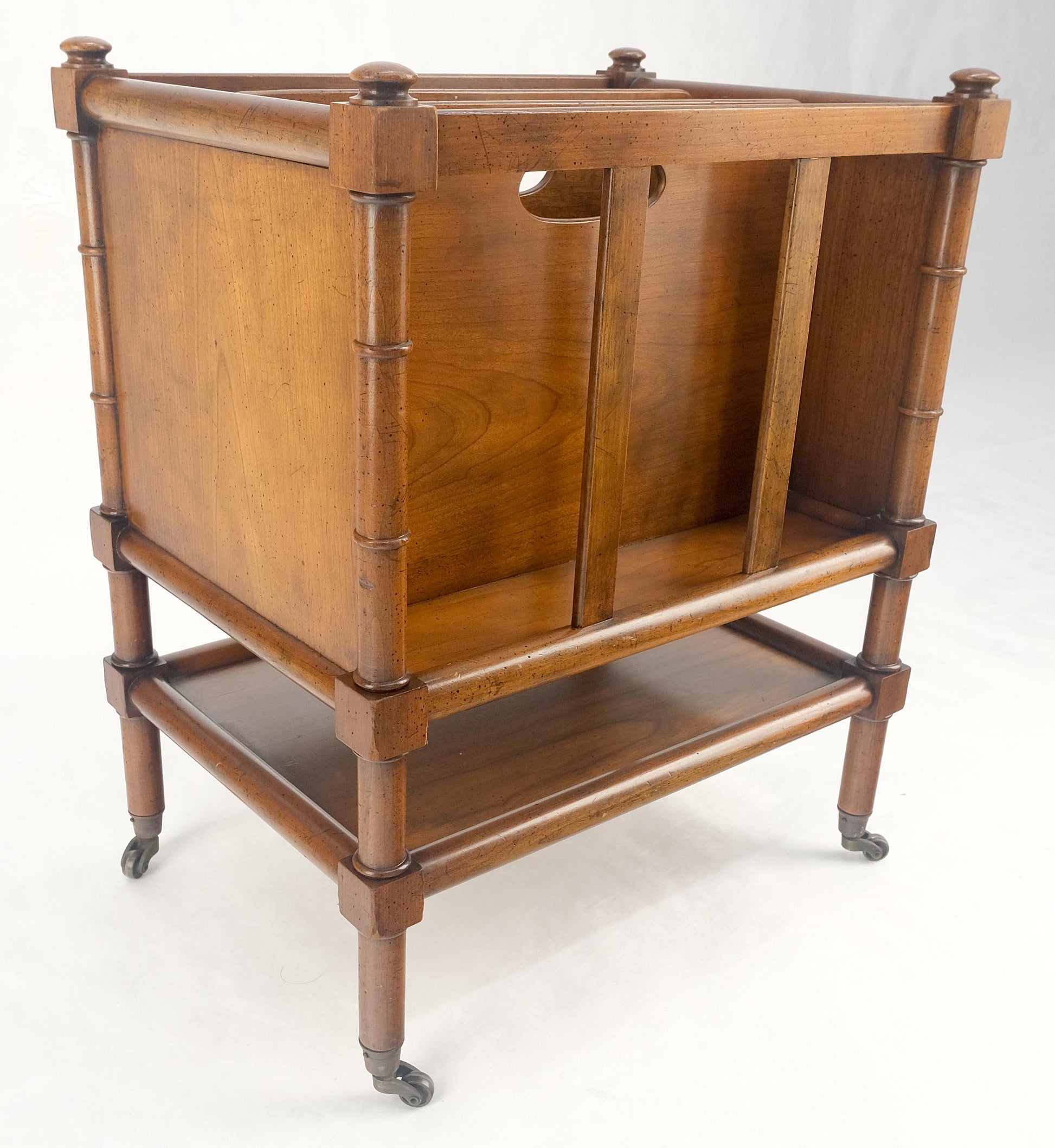 Faux Turned Wood Bamboo Canterbury Magazine Rack on Brass Casters Clean!