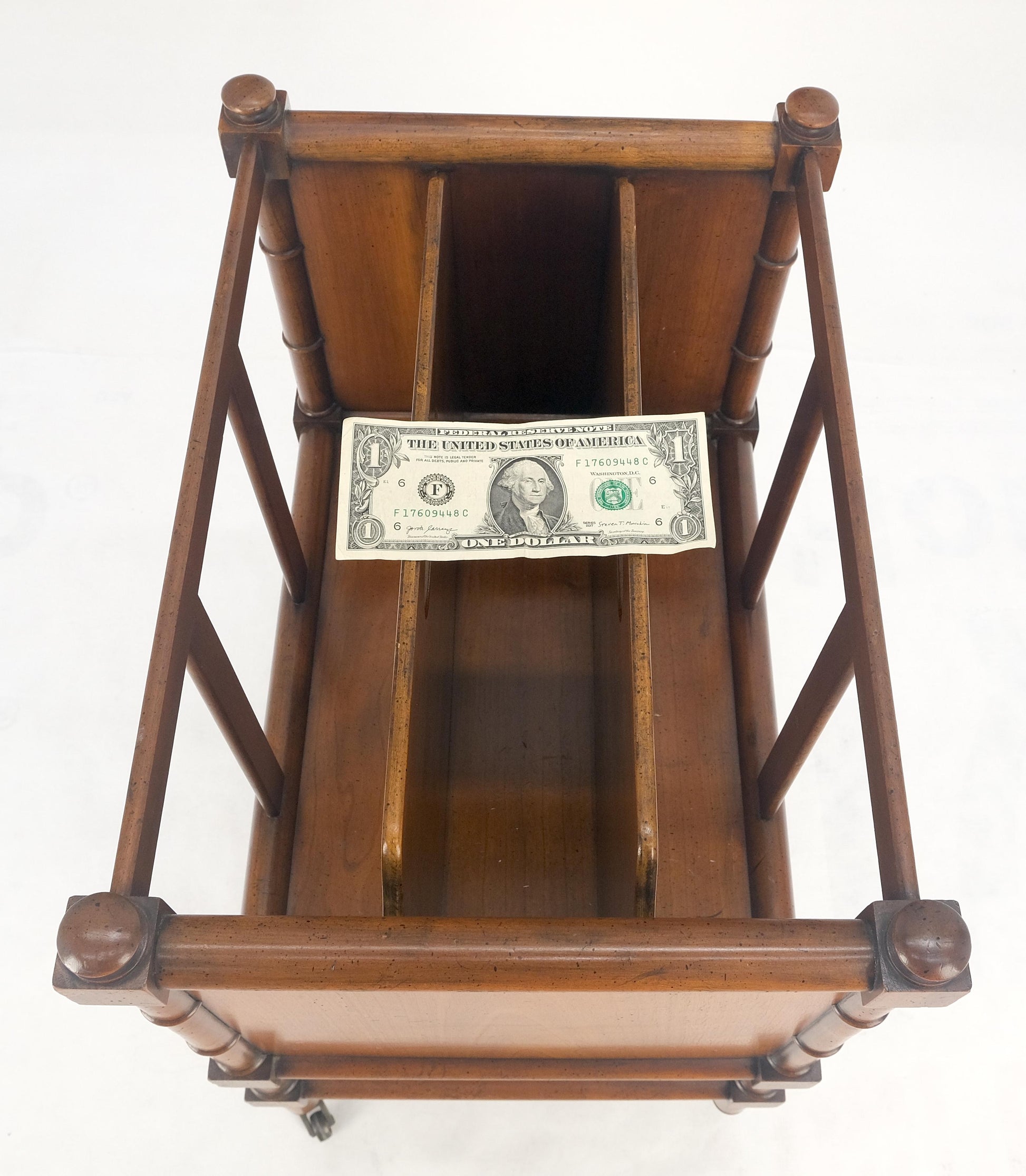 Faux Turned Wood Bamboo Canterbury Magazine Rack on Brass Casters Clean!