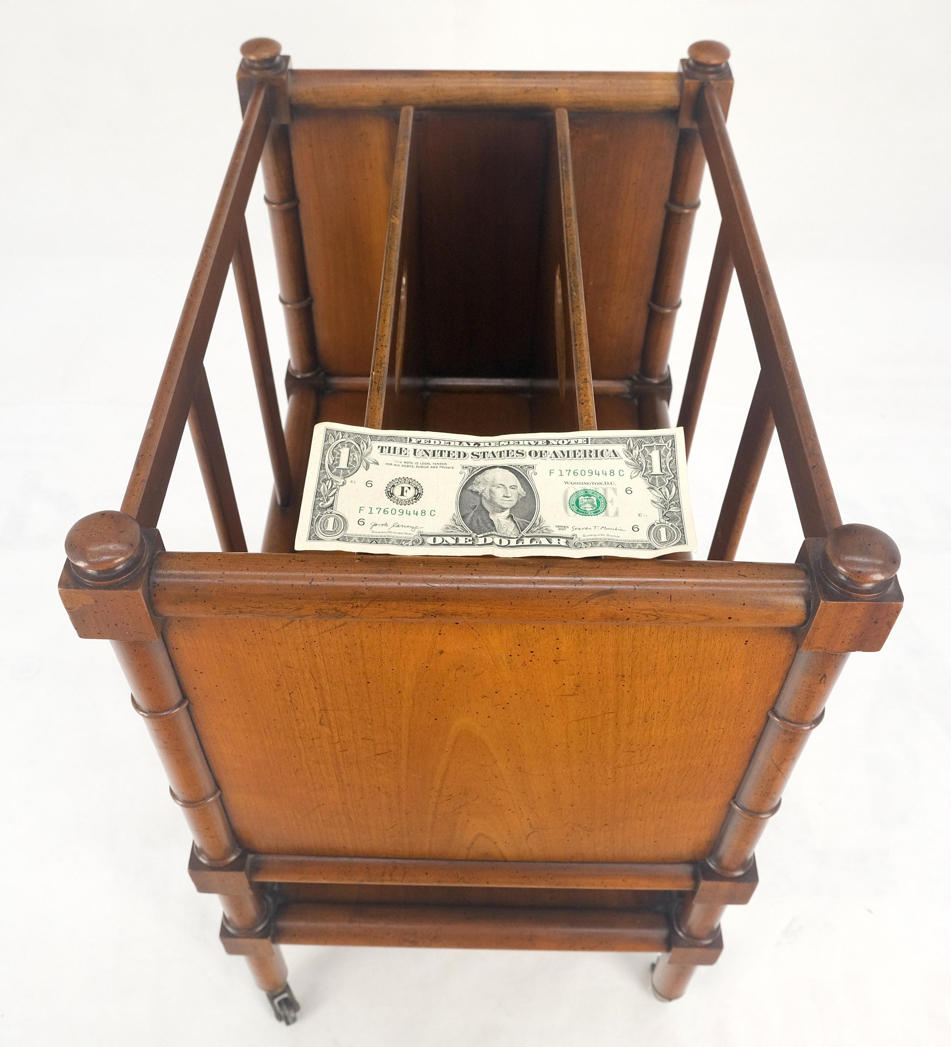 Faux Turned Wood Bamboo Canterbury Magazine Rack on Brass Casters Clean!