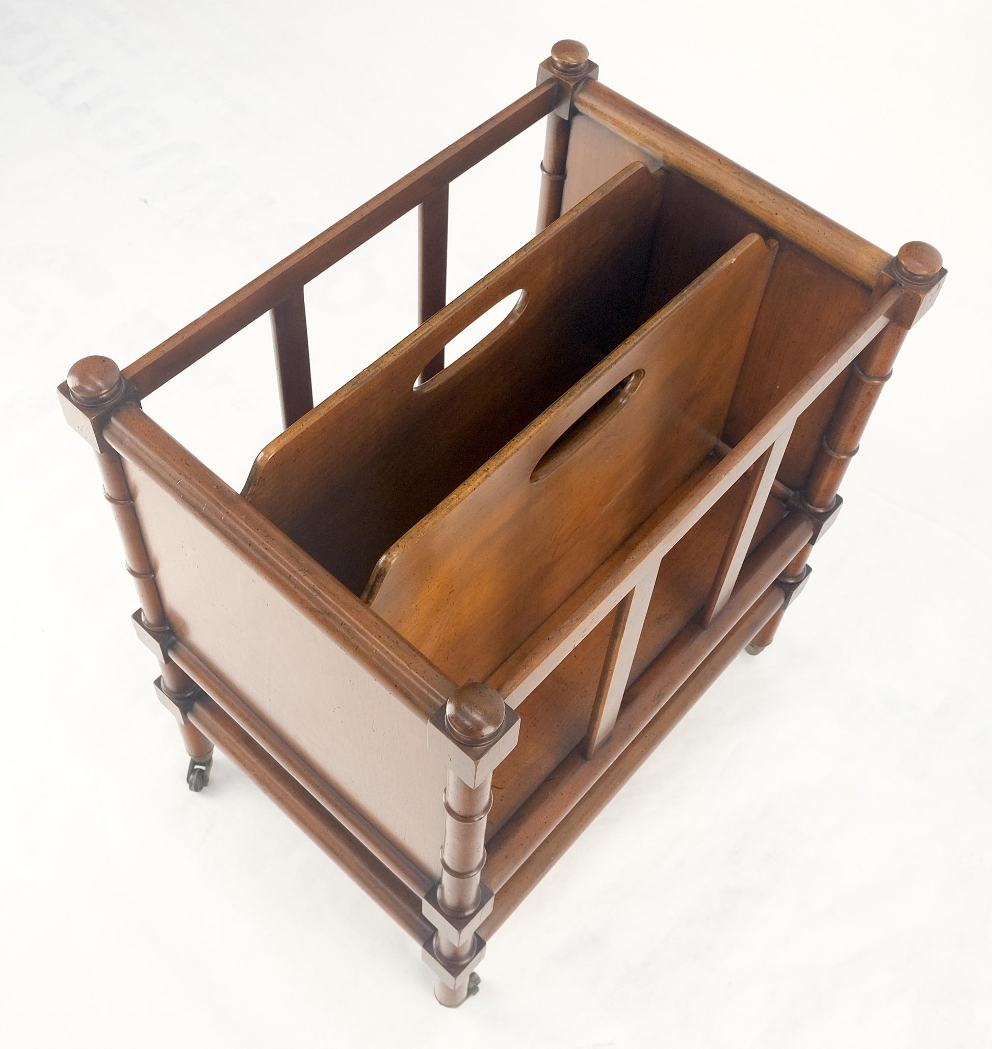 Faux Turned Wood Bamboo Canterbury Magazine Rack on Brass Casters Clean!
