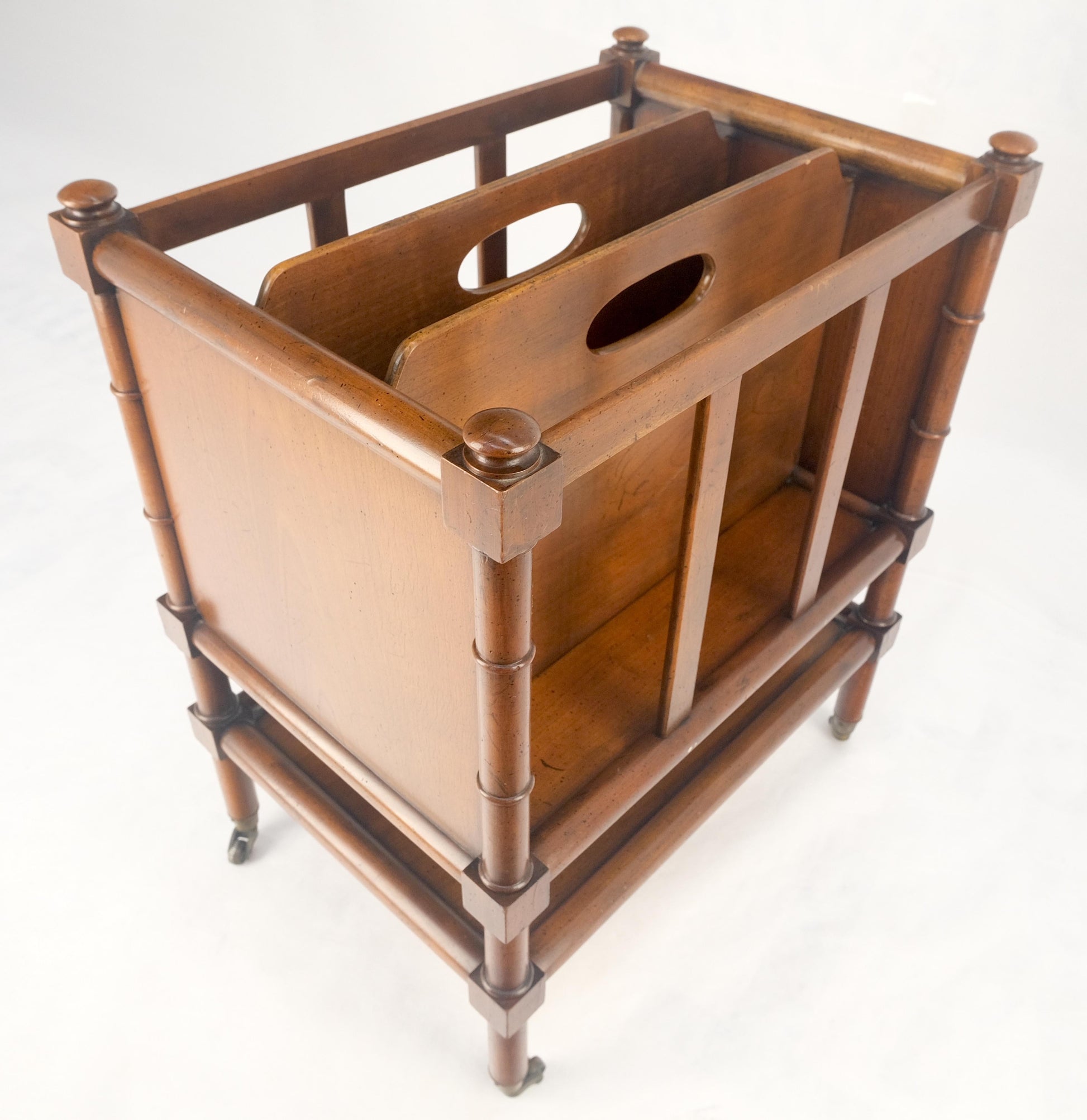 Faux Turned Wood Bamboo Canterbury Magazine Rack on Brass Casters Clean!