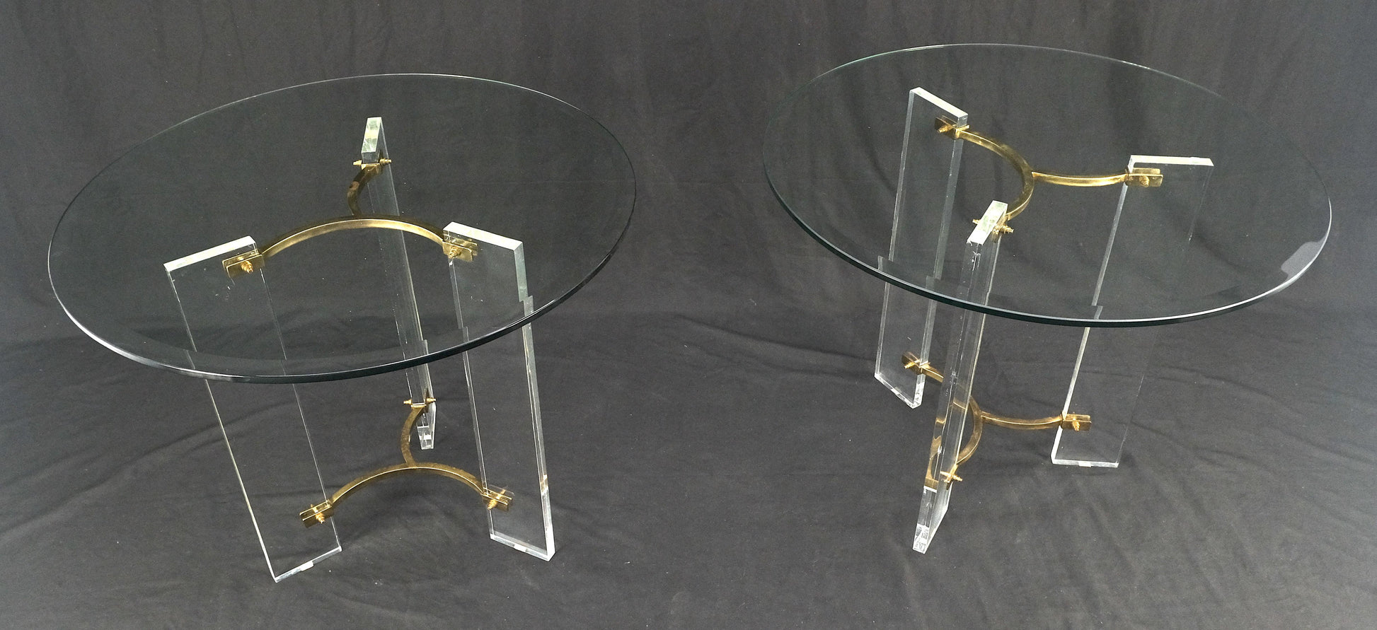 EstablishedLines Pair of Glass Top Lucite & Brass Bases End Side Occasional Tables Stands MINT!