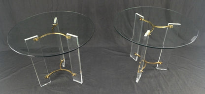EstablishedLines Pair of Glass Top Lucite & Brass Bases End Side Occasional Tables Stands MINT!