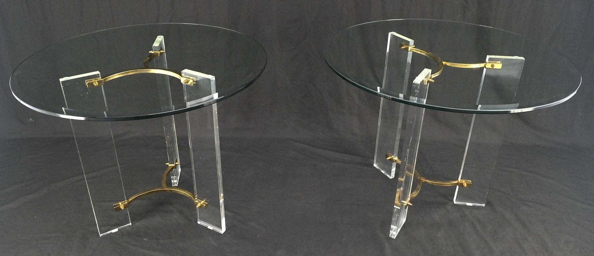 EstablishedLines Pair of Glass Top Lucite & Brass Bases End Side Occasional Tables Stands MINT!