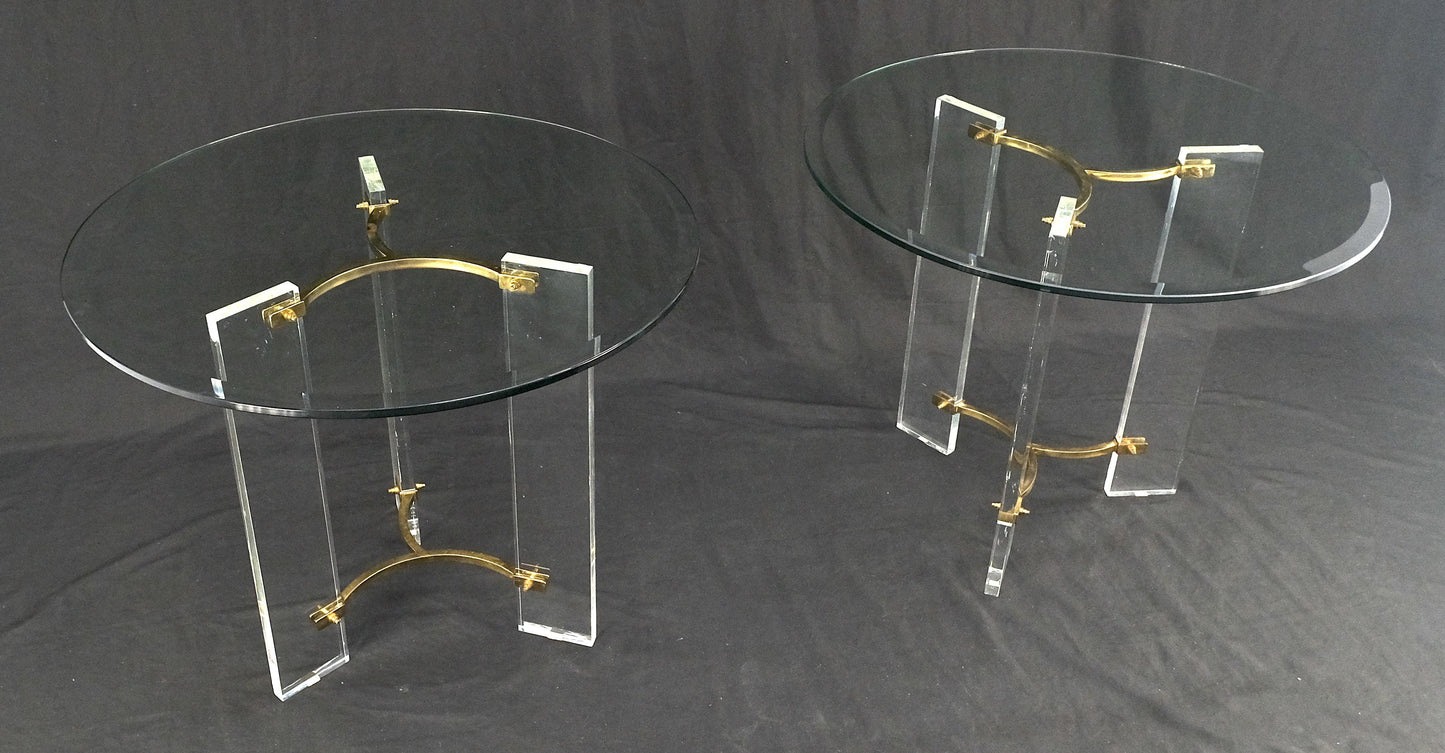 EstablishedLines Pair of Glass Top Lucite & Brass Bases End Side Occasional Tables Stands MINT!