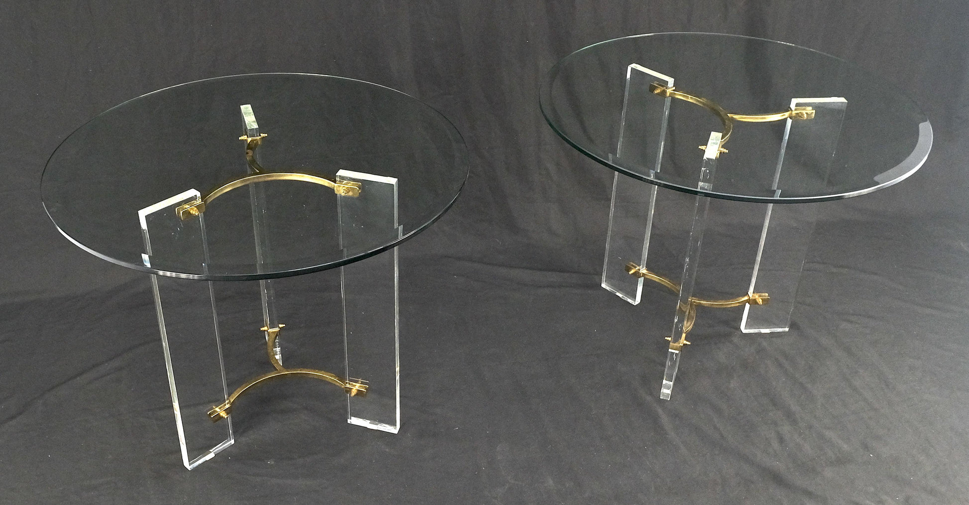 EstablishedLines Pair of Glass Top Lucite & Brass Bases End Side Occasional Tables Stands MINT!
