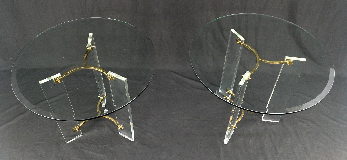 EstablishedLines Pair of Glass Top Lucite & Brass Bases End Side Occasional Tables Stands MINT!