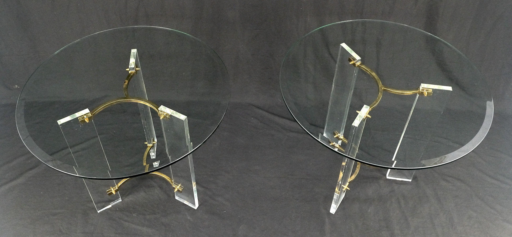 EstablishedLines Pair of Glass Top Lucite & Brass Bases End Side Occasional Tables Stands MINT!