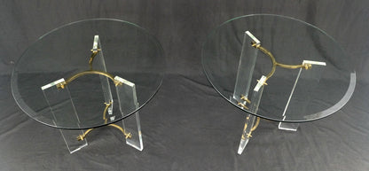 EstablishedLines Pair of Glass Top Lucite & Brass Bases End Side Occasional Tables Stands MINT!