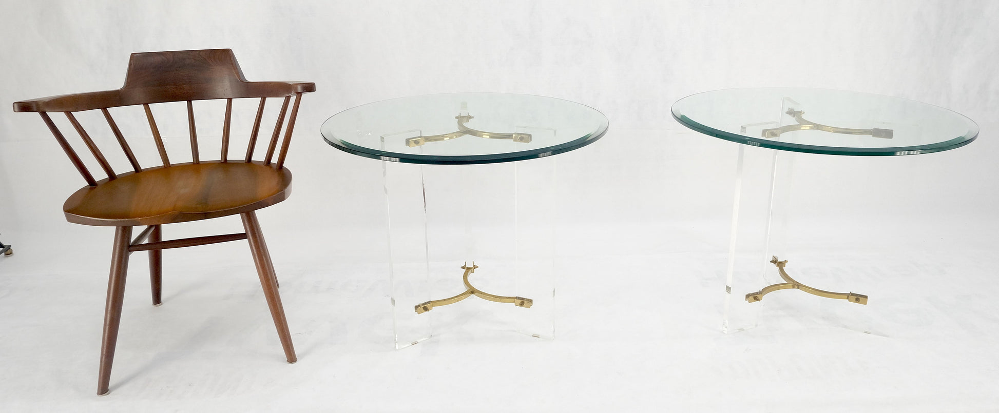 EstablishedLines Pair of Glass Top Lucite & Brass Bases End Side Occasional Tables Stands MINT!