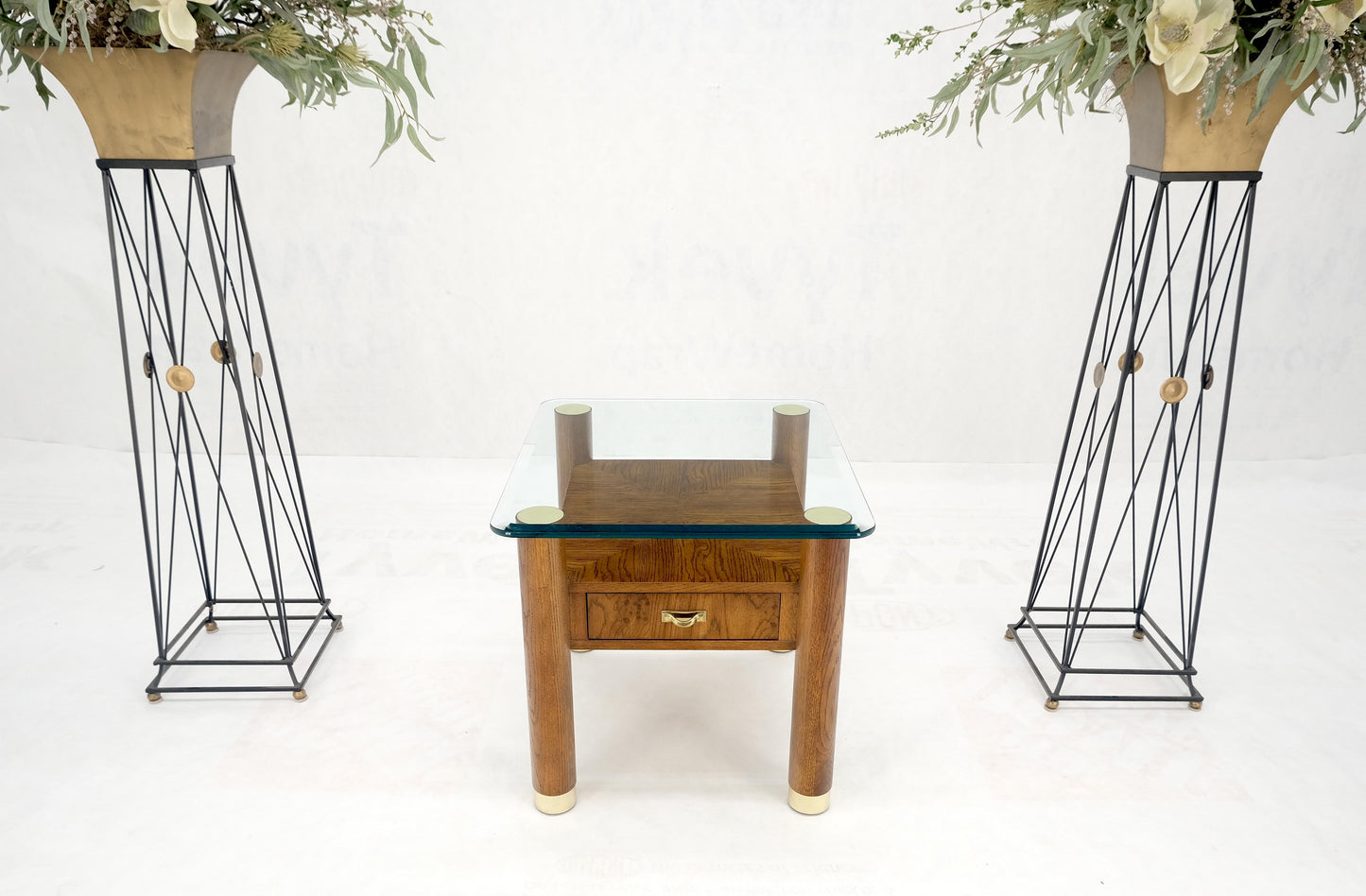 EstablishedLines Heavy Solid Oak Cylinder Legs Brass Tips Hardware One Drawer Glass Top End Table