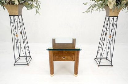 EstablishedLines Heavy Solid Oak Cylinder Legs Brass Tips Hardware One Drawer Glass Top End Table